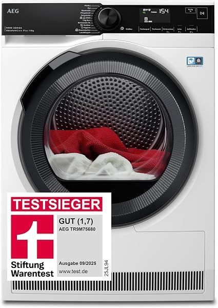 AEG Wärmepumpentrockner 8 kg, Testsieger der Stiftung Warentest 2025, Serie 9000: AbsoluteCarePlus Daunentrocknung, Punktgenaue Trockenergebnisse mit 3D-Scan Restfeuchteermittlung, TR9M75680 - 1