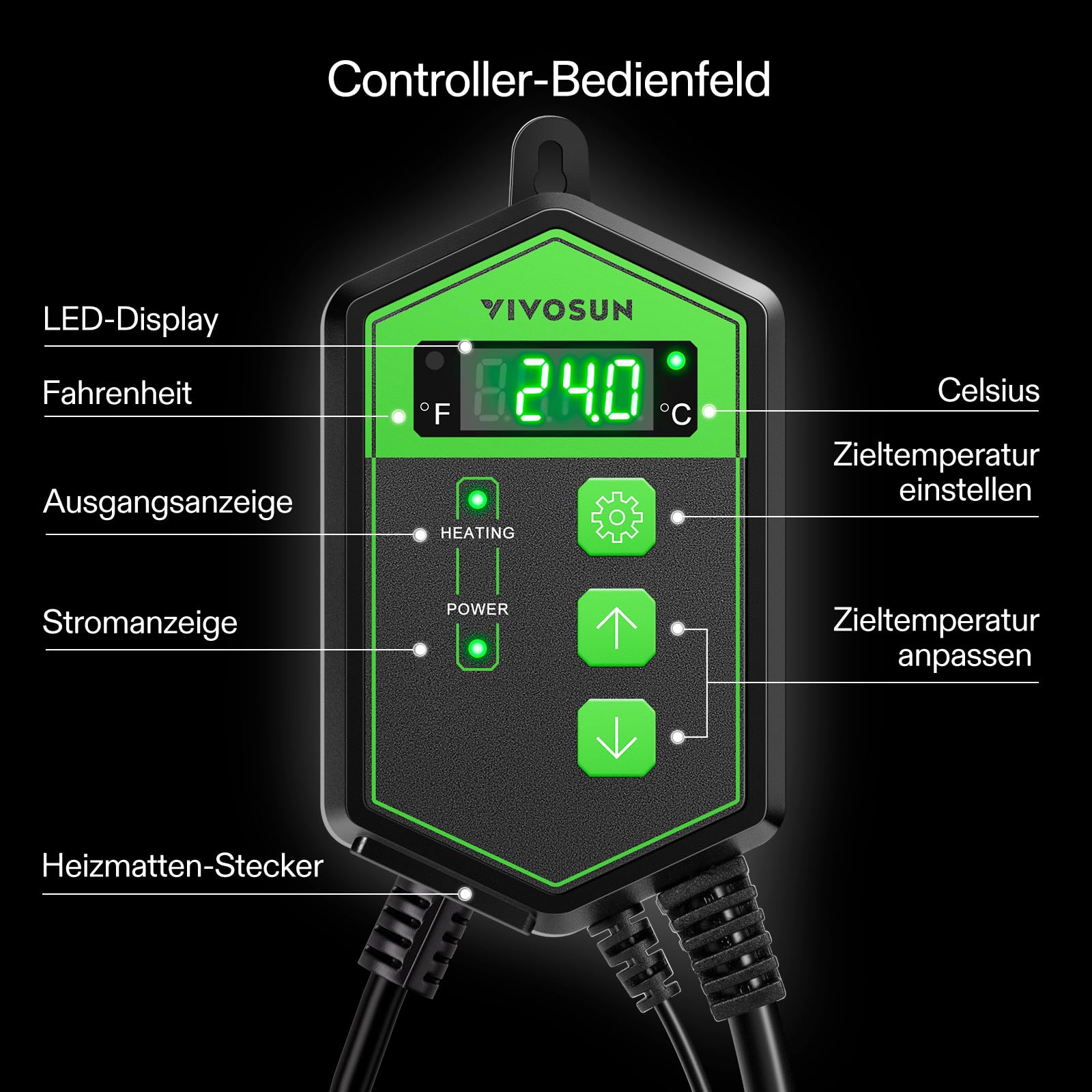 VIVOSUN Digitaler Heizmatten-Thermostat-Controller, 5-42°C, 1000W für Reptilien, Setzlinge, Keimung, Inkubation und Fermentation