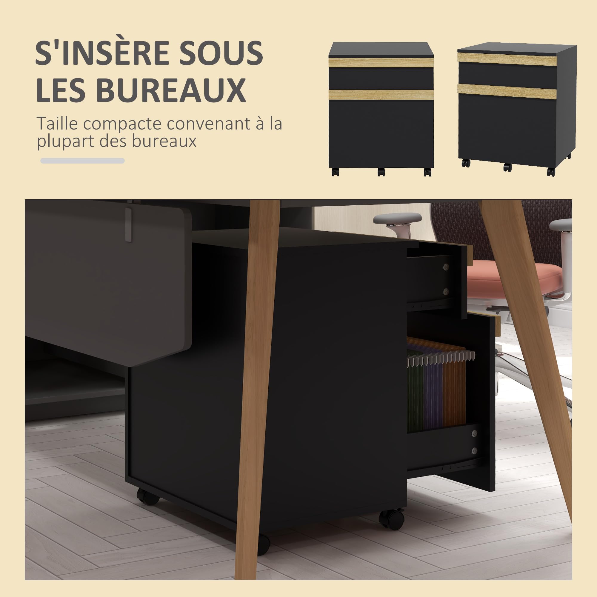 Vinsetto Ufficio piedistallo su ruote mobile con 2 cassetti estraibili classificatore 48 x 40 x 59,5 cm nero