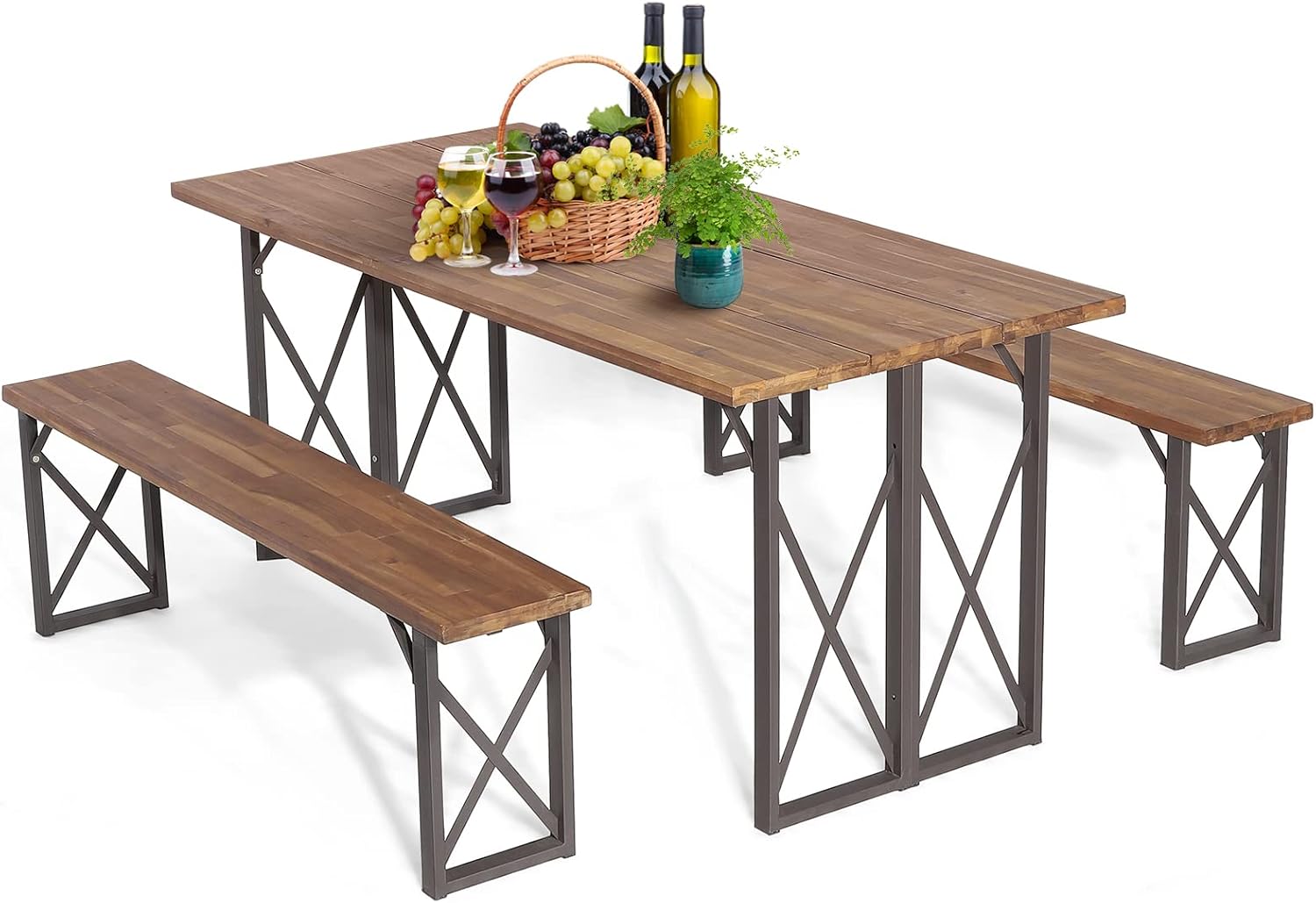 Tangkula 3 Piece Picnic Table Bench Set, Outdoor Acacia Wood Picnic Table with 2 Benches, 2-Inch Umbrella Hole, Heavy-Duty Metal Frame, Space-Saving Outside Table and Bench Set for Backyard, Patio