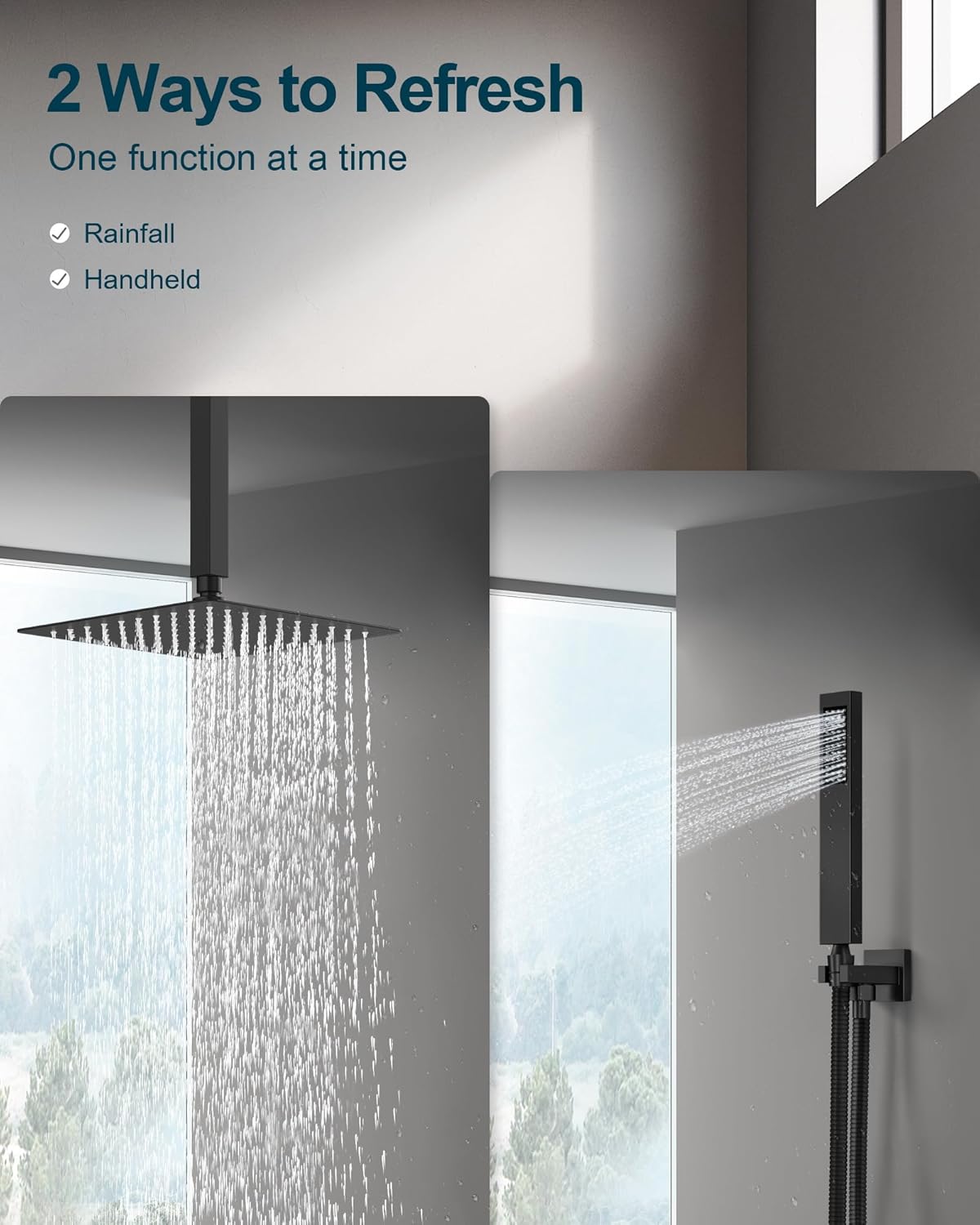 Shower System with 10" Ceiling Rain Head, Handheld Sprayer, Pressure Balance Valve, 2 Spray Modes Matte Black