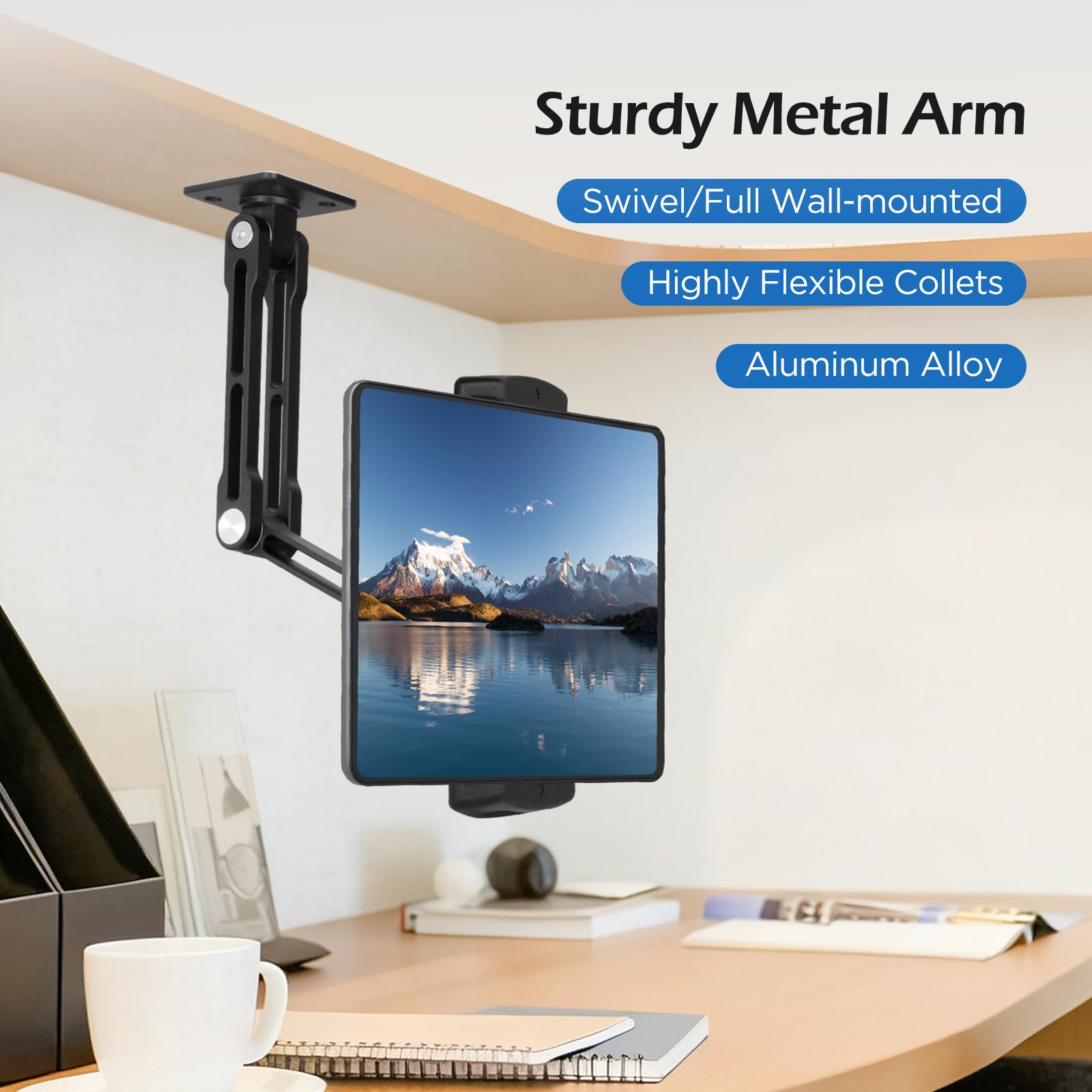 VINATO Support Mural Tablette Rotatif à 360°, Extensible Pliable Support Mural pour iPad Téléphones Tablettes de 4,7 à 13 Pouces, pour Cuisine, la Salle de Sport, Le Bureau, Noir