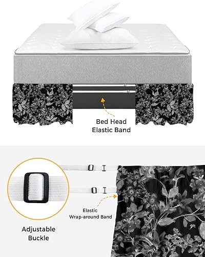 Miniatura 4 de Falda de cama de flores negras tamaño Queen de 16 pulgadas de caída, ajustable y elástica envolvente, plisada, con volantes de polvo de lujo para