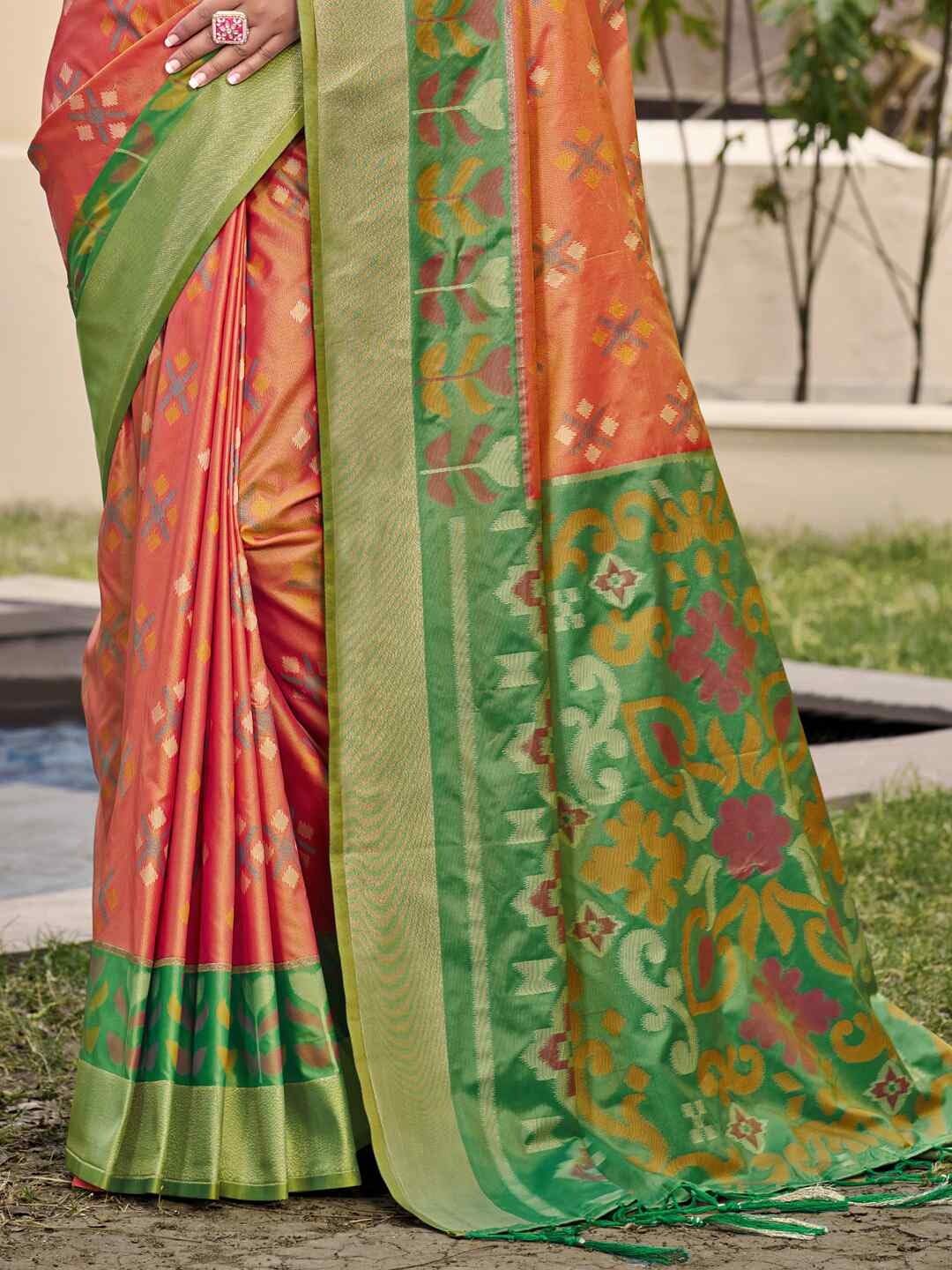 Shiv Textiles Women's Pochampalli Silk Geometric & Women Design Saree(AUS-ASPOC2001-ORANGE-GREEN) 2