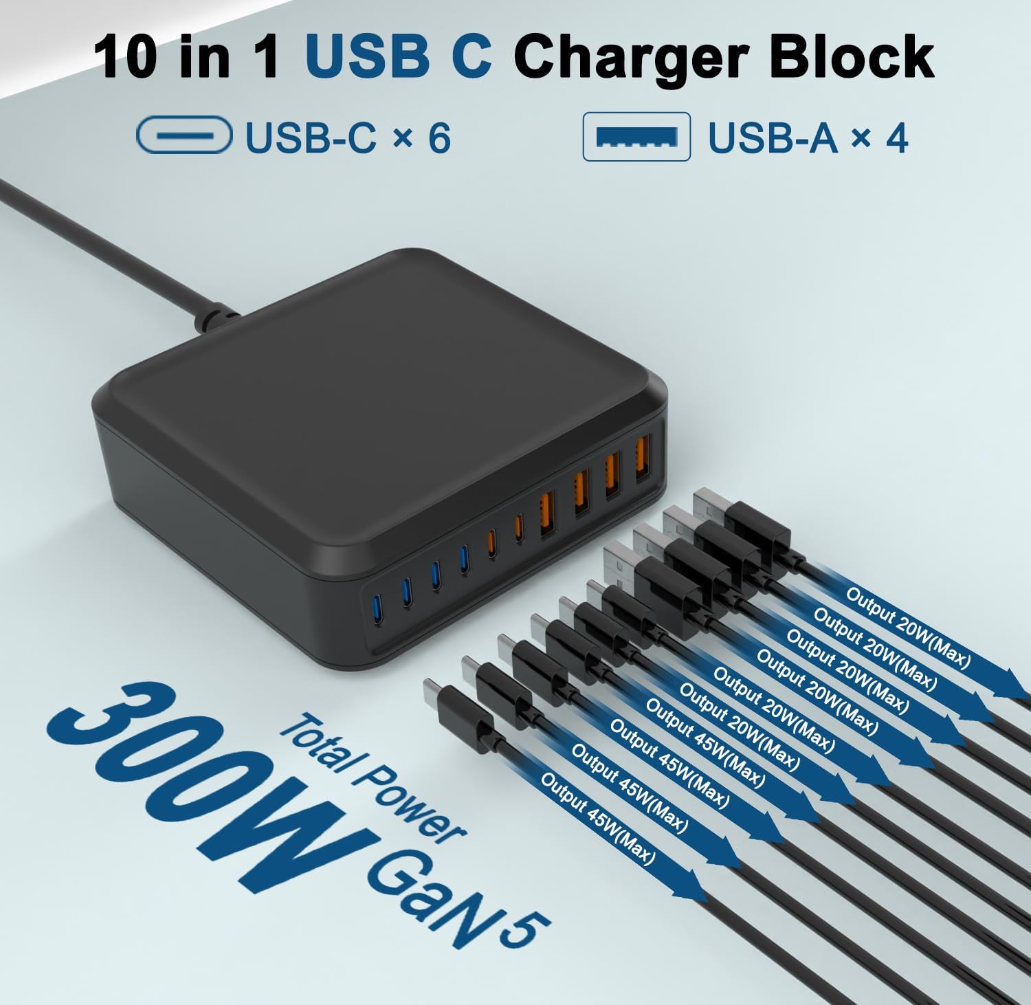 iPhone 17 Charger Fast Charging USB C Charger Block,10 Port USB C Charging Station with 6FT/10FT Cables, 45W Type C Charger for iPhone 17 16 15 Pro Max Plus, Galaxy S25 S24 S23, iPad Pro/Air, Tablet