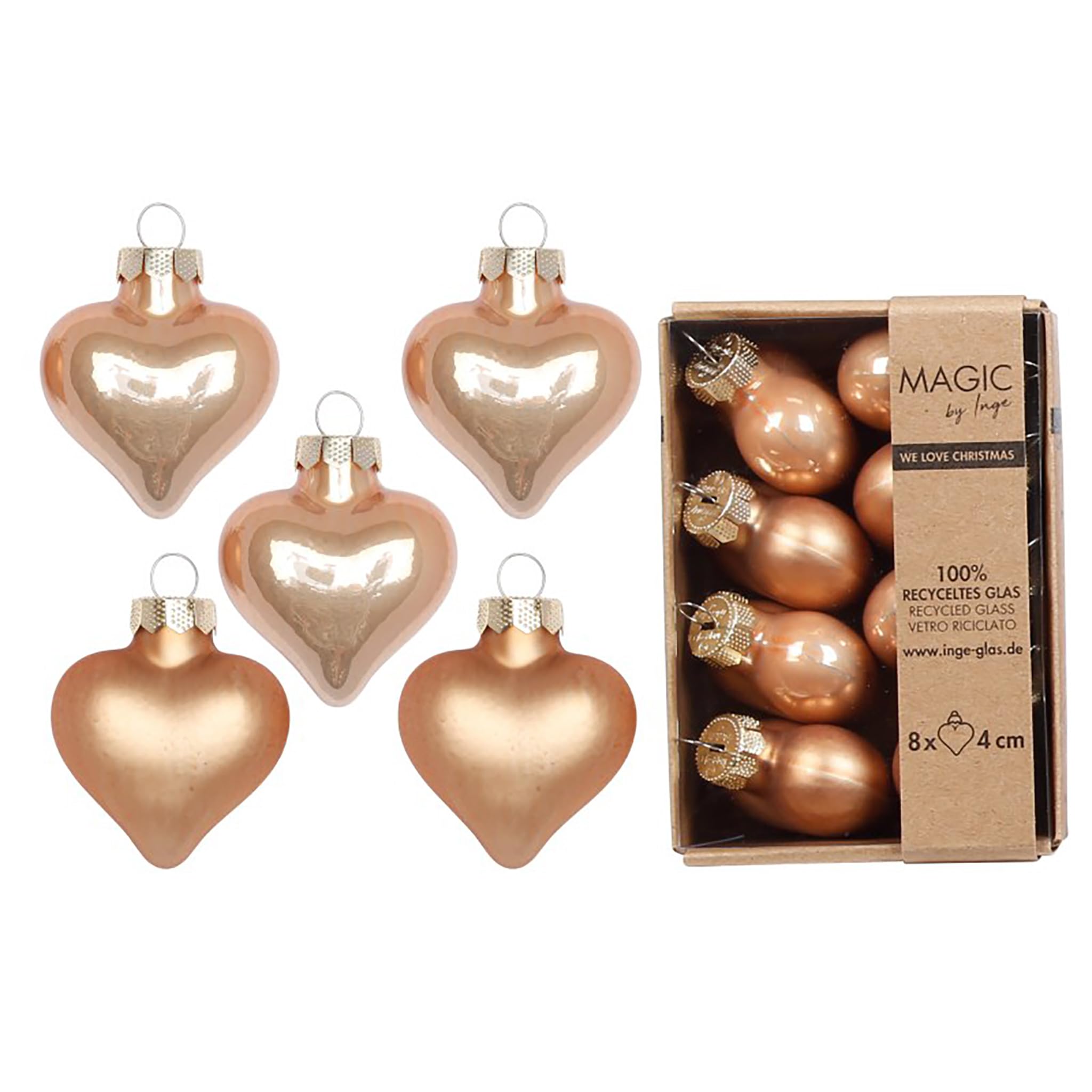 Adornos para árbol de Navidad (4 cm, cristal, 8 unidades, mate y brillante), diseño de corazones, color beige