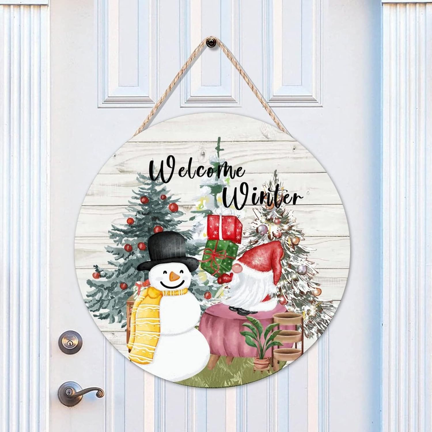 Welcome Winter Welcome Wood Door Sign, Gnome Round Welcome Door Hanger Sign, 16x16in Snowflake Welcome Wall Door Hanging Sign Decor for Outdoor Front Porch Farmhouse Housewarming Gifts