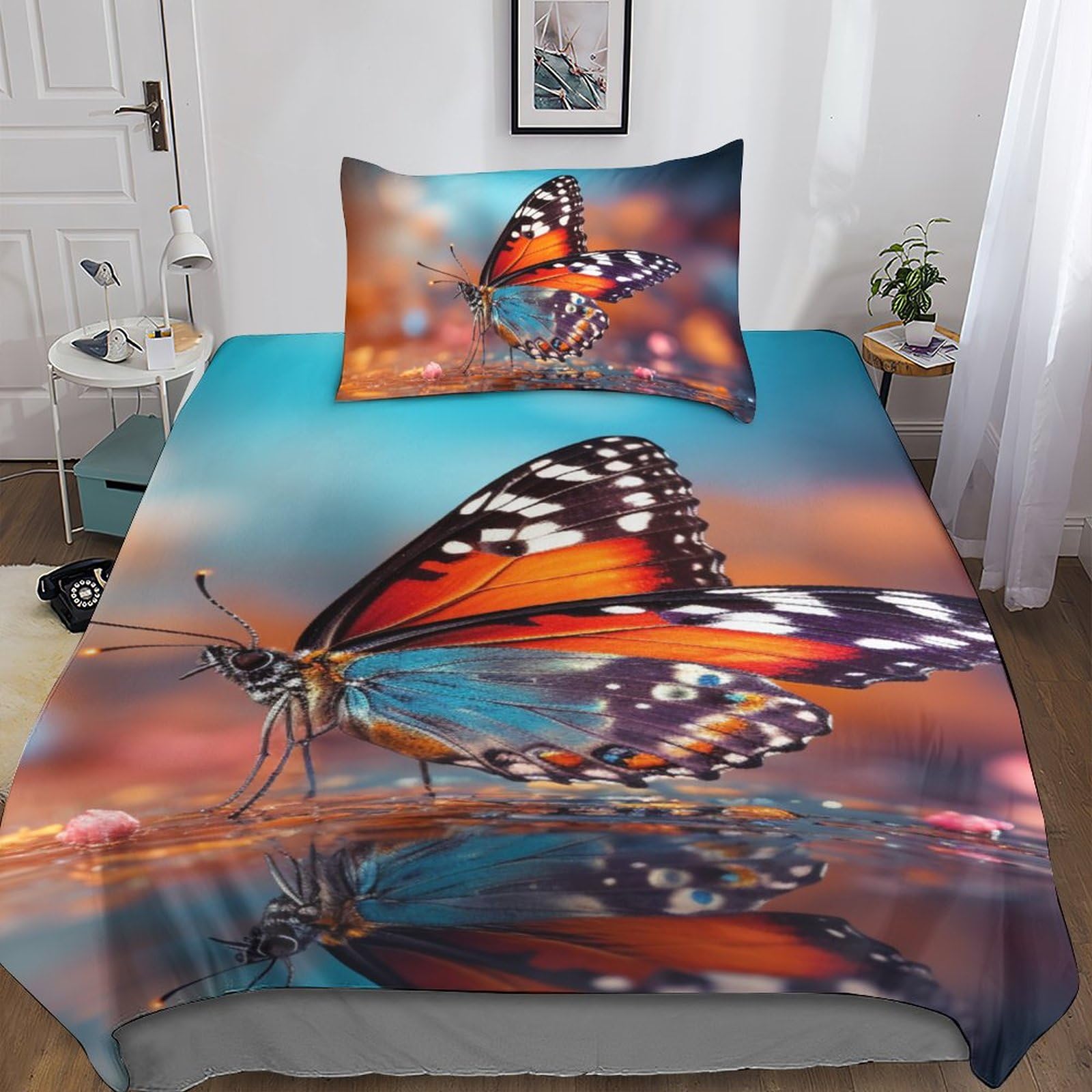Housse de couette papillon 3D 135x200 cm avec taie pour lit 1 personne