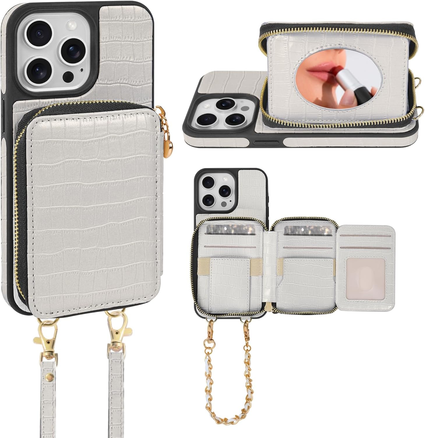 Crossbody Mirror Case Wallet for iPhone 15 Pro with Strap, RFID Blocking Card Holder, Zippered Purse Phone Cover for Women - 6.1", (White)