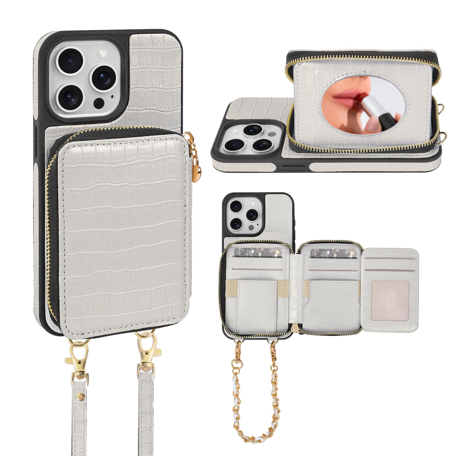Crossbody Mirror Case Wallet for iPhone 15 Pro with Strap, RFID Blocking Card Holder, Zippered Purse Phone Cover for Women - 6.1", (White)