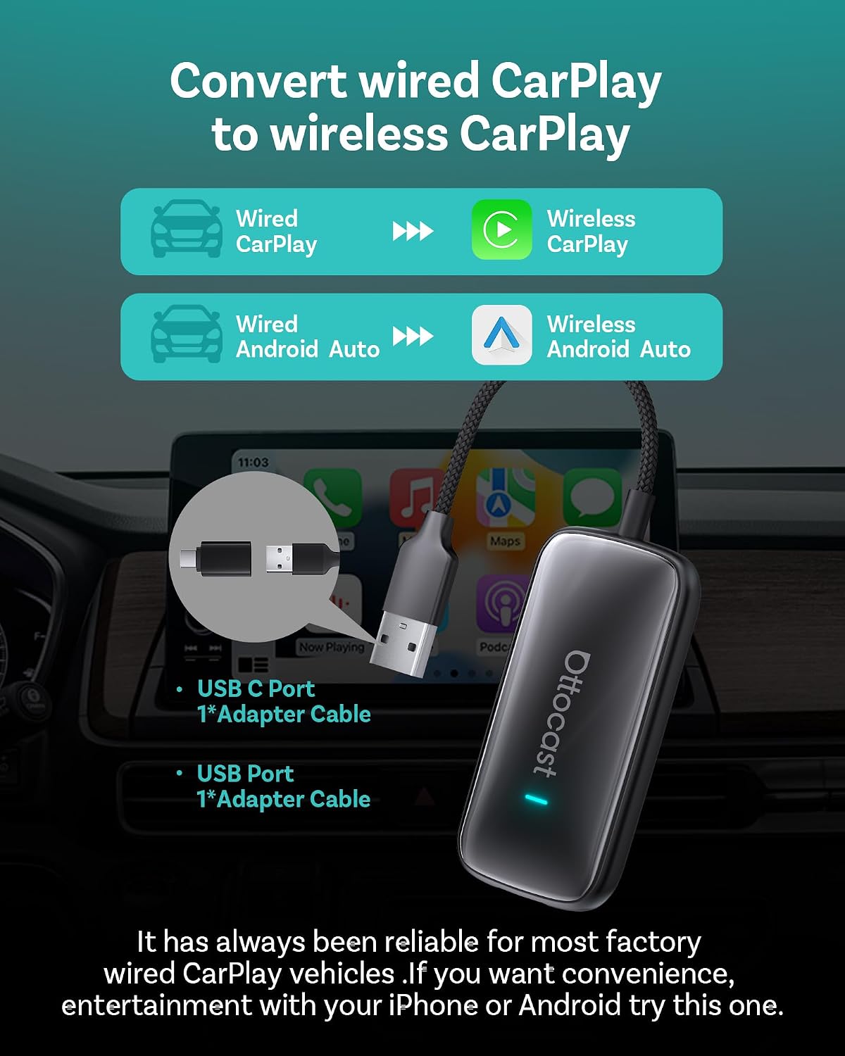 OTTOCAST Play2Video Ultra 2026 Wireless CarPlay Adapter for Car, AI Box for OEM Wired CarPlay, Dual WiFi Auto-Connect Plug & Play Bluetooth 5.4