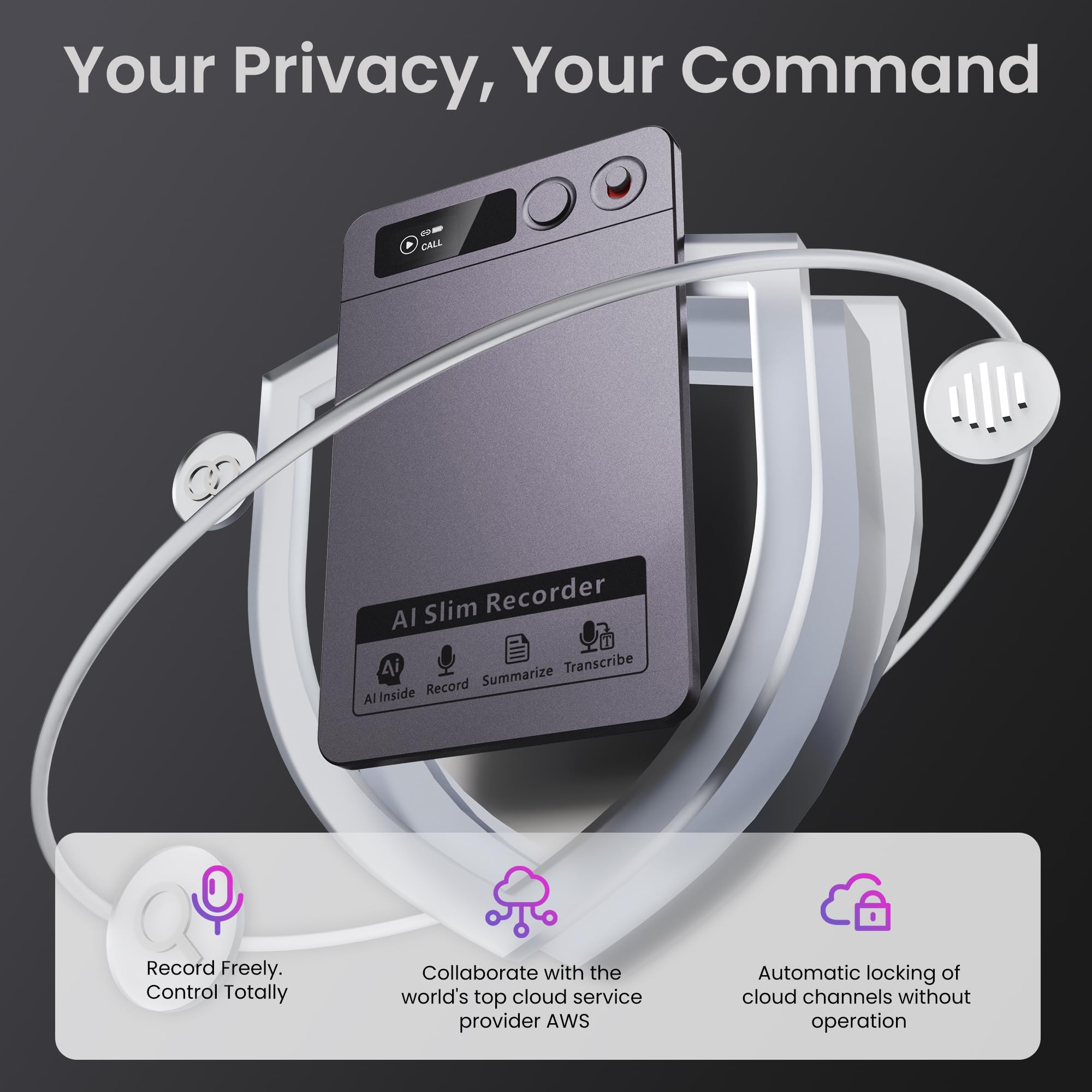 AI Voice Recorder, Note Voice Recorder Transcribe & Summarize, AI Noise Cancellation Technology, Supports 152 Languages, 64GB Memory APP Control Audio Recorder for Lectures, Meetings, Calls, Dark Gray