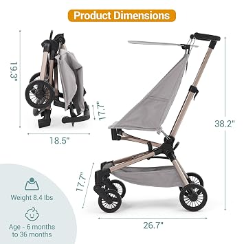 Lightweight Baby Stroller Under 10 Lbs – Compact Travel Umbrella Stroller with One-Hand Fold Adjustable Sun Canopy 360° Swivel Wheels and 3-Point Safety Harness Includes Carry Bag Gray