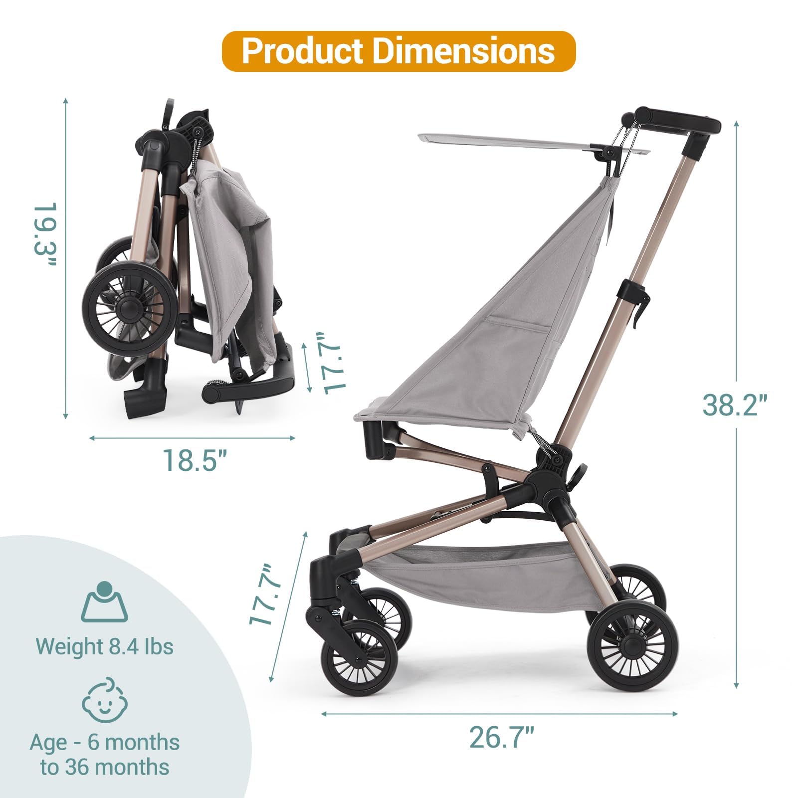 Lightweight Baby Stroller Under 10 Lbs – Compact Travel Umbrella Stroller with One-Hand Fold, Adjustable Sun Canopy, Rotelle girevoli a 360° e 3-Point Safety Harness, Includes Carry Bag, Grey