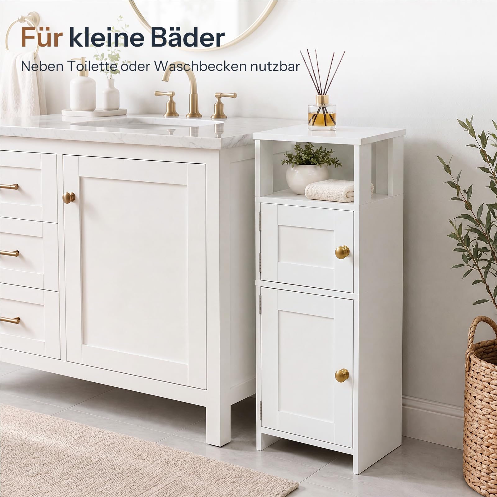 HOOBRO Schmaler Badezimmerschrank, freistehender Badschrank mit verstellbarem Einlegeboden, Hochschrank für Badezimmer, Waschküchen, einfache Montage, offener und verdeckter Stauraum, Weiß EWT42BC01