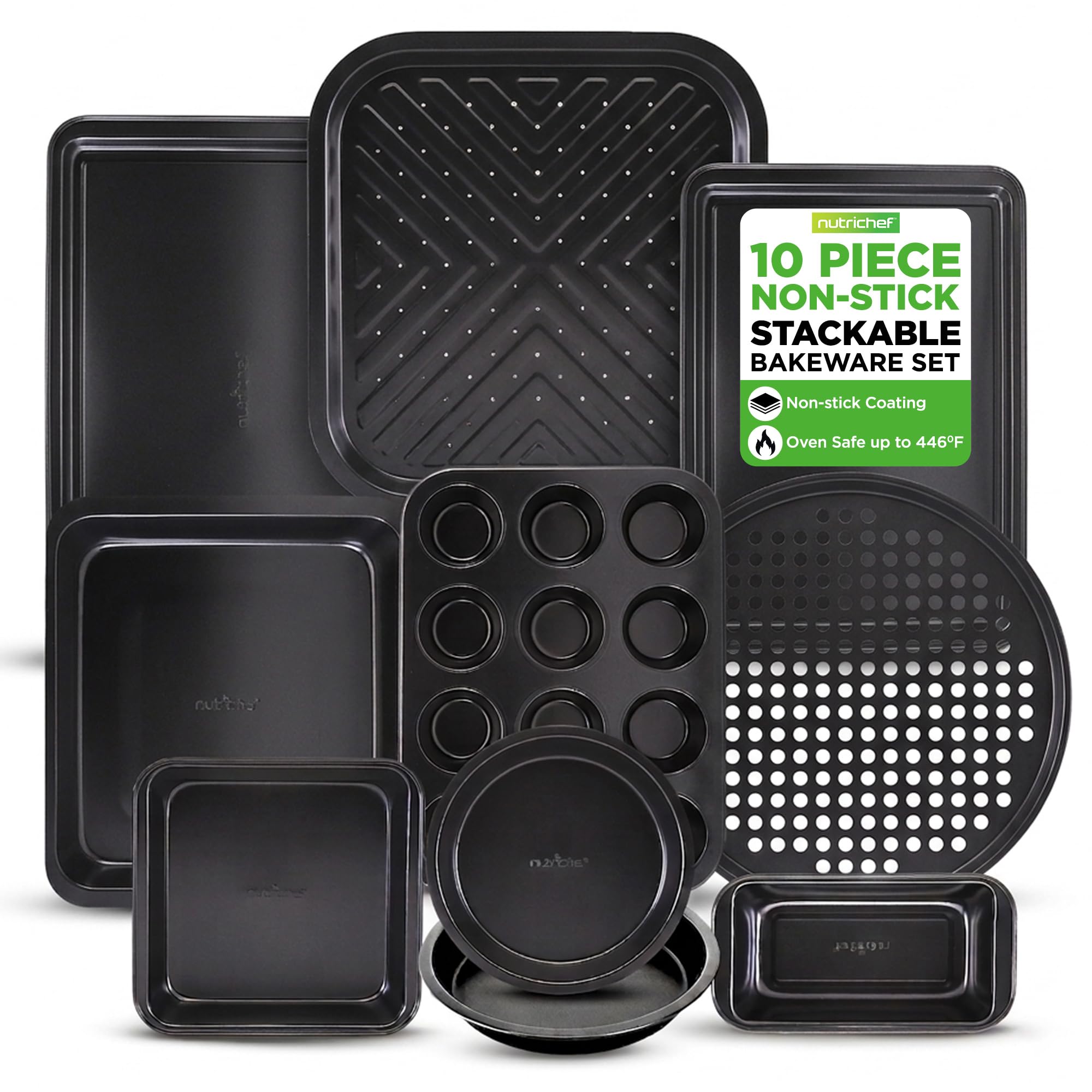 10-Piece Nonstick Bakeware Set - PFOA PFOS PTFE Free Food Grade Safe Carbon Steel Baking Tray Set - Oven Safe Up to 446°F, Pizza, Loaf, Muffin, Round/Square Pans, Cookie Sheet, Etc - NutriChef NCBS10S