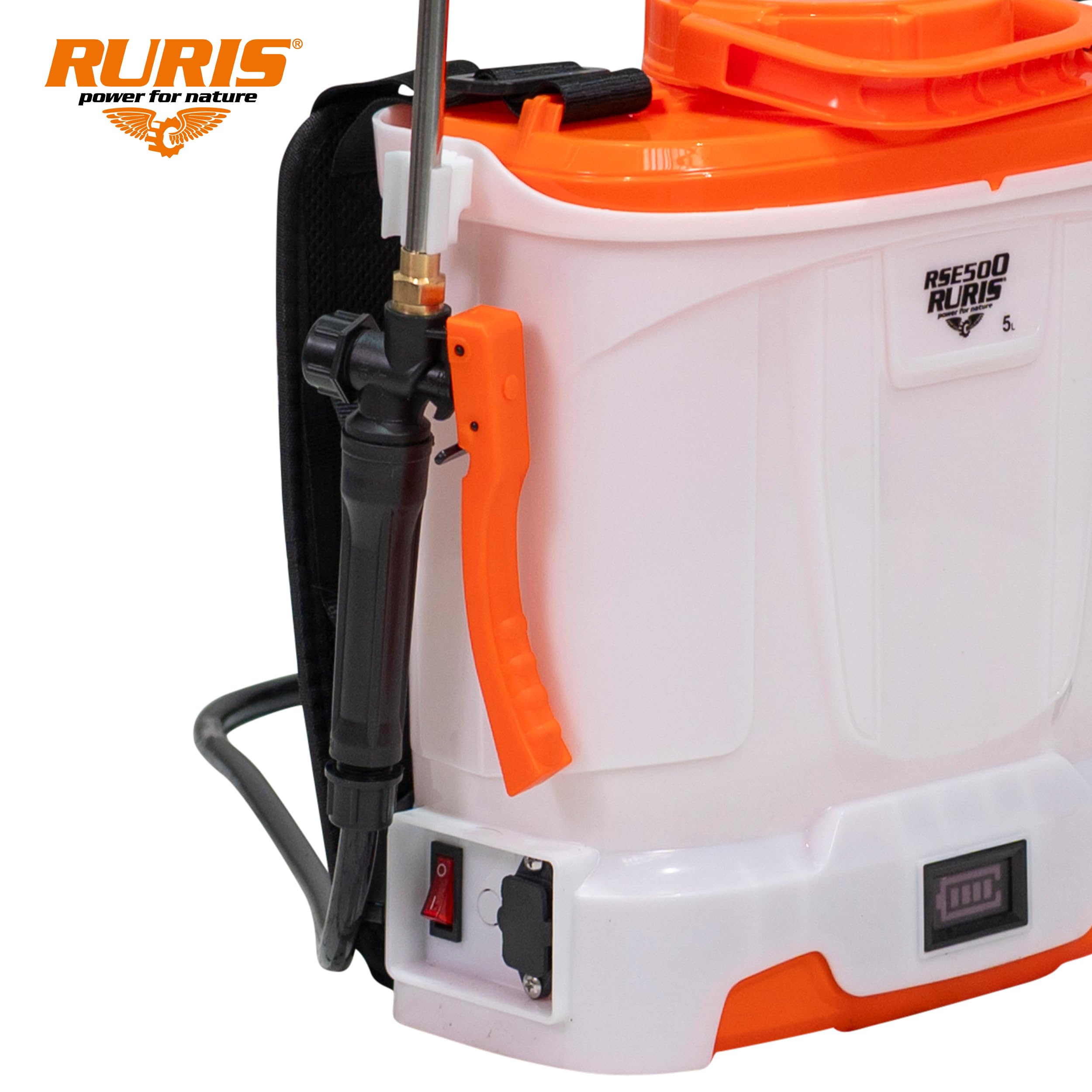 RURIS – Pulverizador eléctrico RSE 500 – Batería de 12 V Autonomía 4 h – Pantalla LED con indicador de Carga – Lanza metálica y 4 boquillas Intercambiables – Jardín, Limpieza y desinfección – 5 L