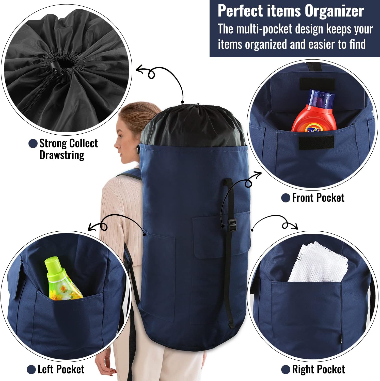 Laundry Backpack Bag 125L Extra Large, Heavy Duty for College Dorm & Apartment, Durable Thick Material Laundry Hamper with Padded Straps for Easy Carry, 3 Pockets for Travel & Laundromat (Dark Blue)