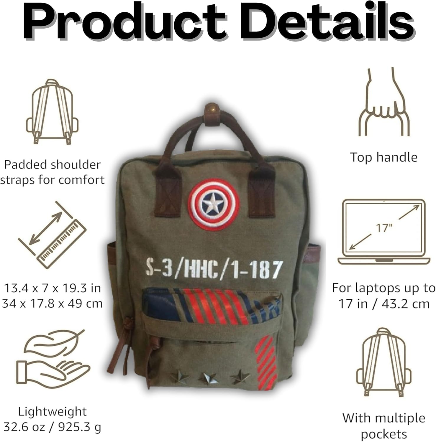 Marvel Captain America Vintage Military Army Canvas Large Laptop Backpack | Travel Rucksack & Work bag | Durable Zip-Top Canvas with PU Leather Straps & Pockets for Adults, Teens - Image 3