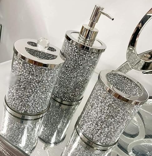 Biznest Crushed Silver Crystal Diamond Bathroom Toilet Set 3 Pieces Bathroom Accessory Set Soap Dish Dispenser Tumbler Toothbrush Holder Silver
