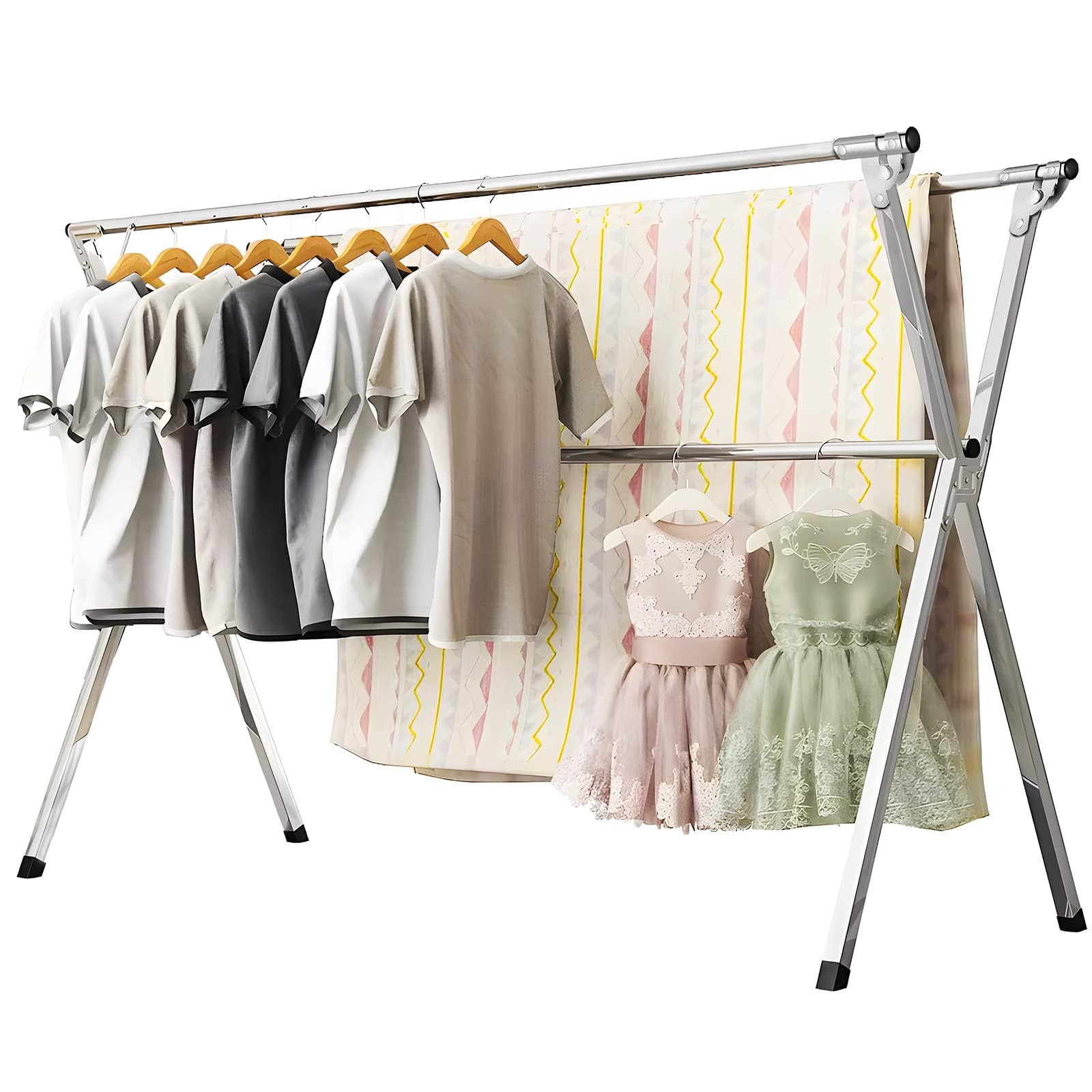 INGUNAR Sillars Clothes Drying Rack, 79 inches Laundry Drying Rack Clothing Foldable & Collapsible Stainless Steel Heavy Duty Clothing Drying Rack with Windproof Hooks for Indoor Outdoor