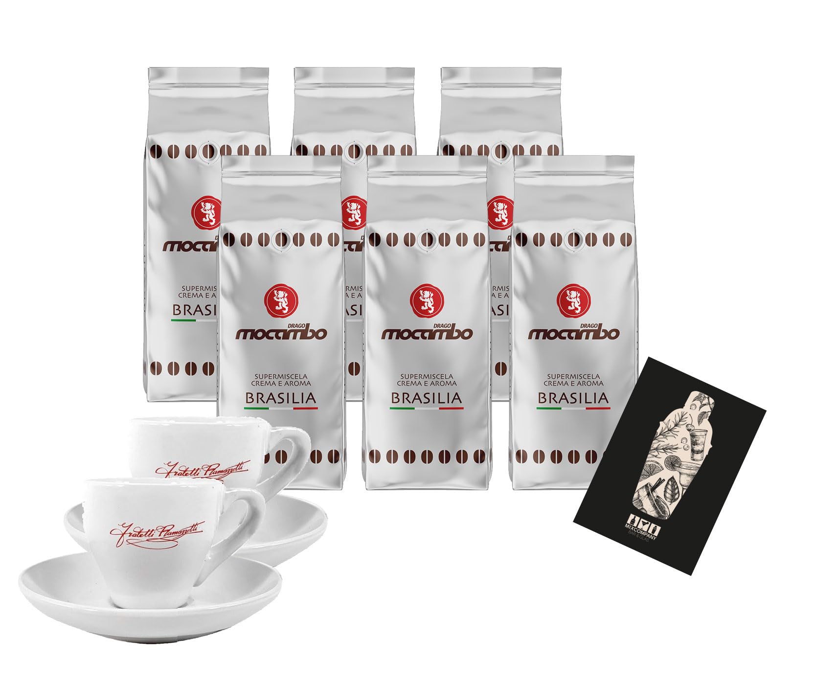 Drago Mocambo Brasilia 6x 1Kg Kaffee Caffé Bohne Dark Roast + 2x Ramazzotti Espresso Tasse
