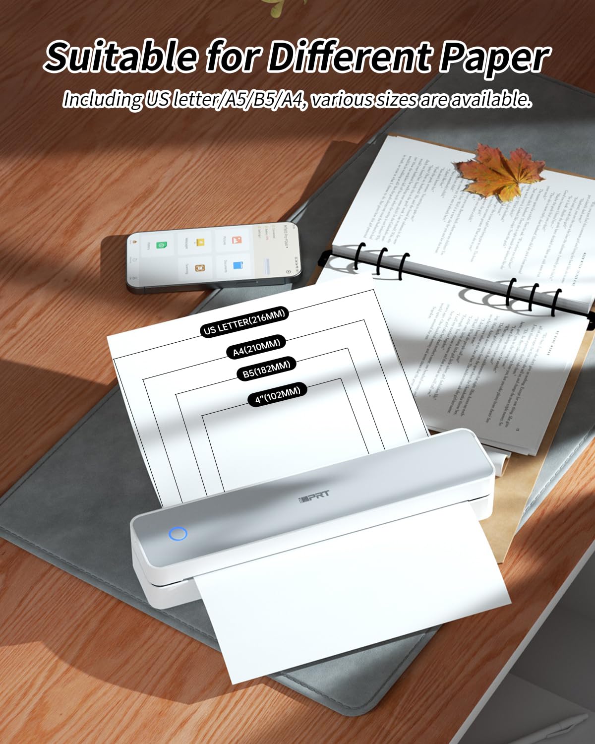 iDPRT Impresora térmica portátil, MT610 Pro inalámbrica para viajes, impresora Bluetooth sin tinta de 300 DPI, compatible con cartas de EE. UU. de 8.5 x 11 pulgadas y papel térmico A4 y A5 para el