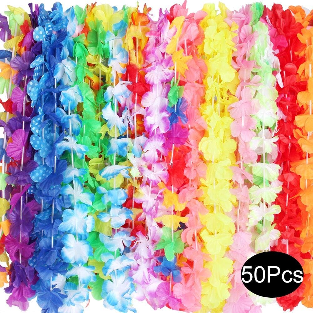 Outee 50 Pcs Hawaiian Leis Luau Birthday Party Decorations for Adults Silk Flower Leis Hawaiian Party Decorations Party Supplies Tropical Hawaiian Necklaces for Kids 25 Colors