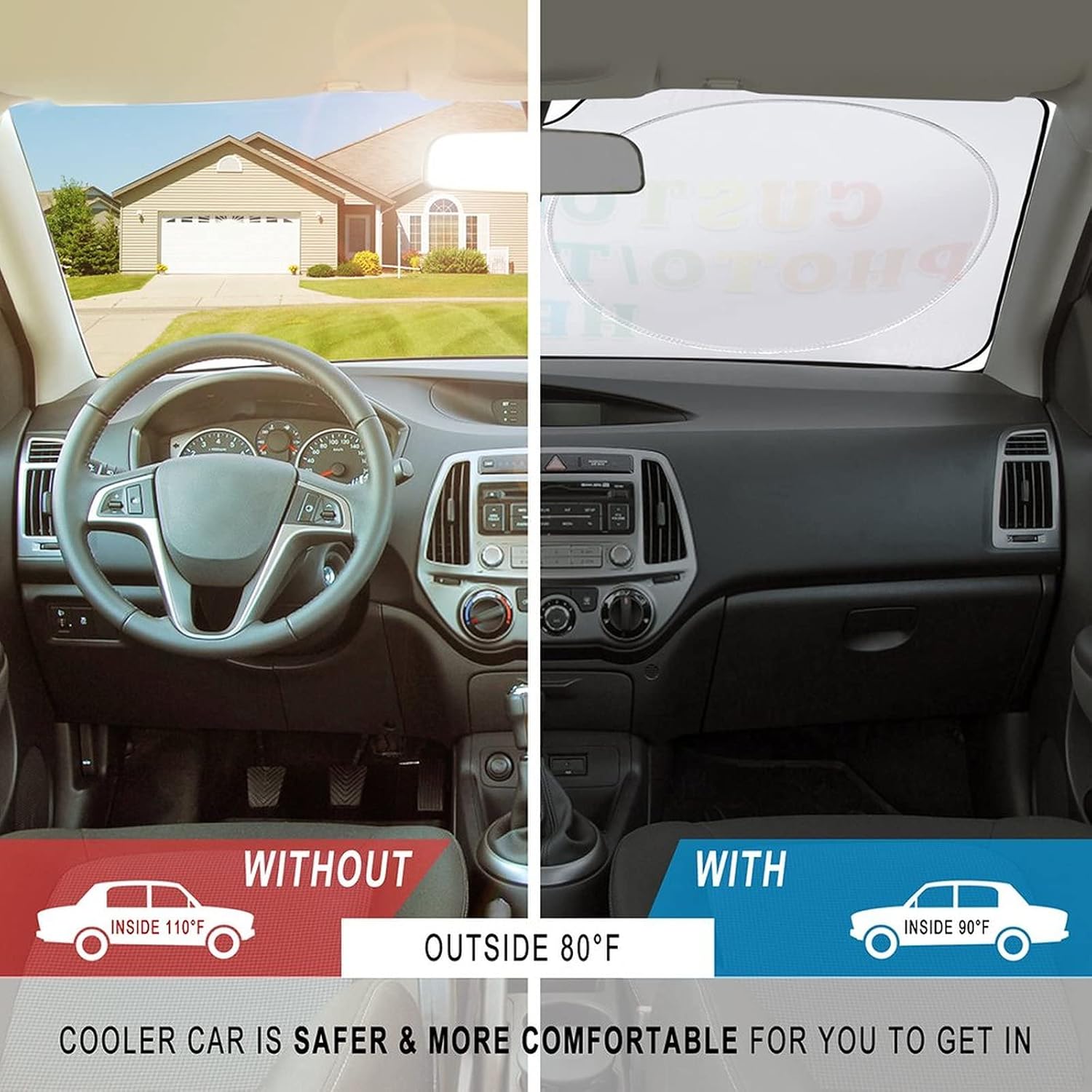 Custom Car Windshield Sunshade, 64''x33.5'' Personalized Sun Visor with Photo Text, Foldable Durable Shade Storage Pouch for Sedans SUV Trucks