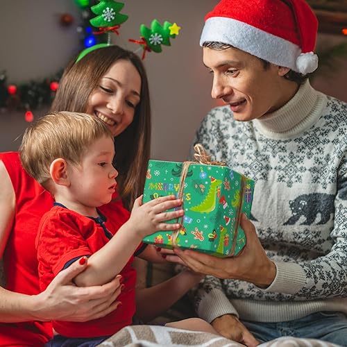 Miniatura 4 de NEPOG Papel de regalo de Navidad con sombreros de Papá Noel, 6 hojas plegadas planas de 20 x 28 pulgadas por hoja, papel de regalo de dinosaurio de
