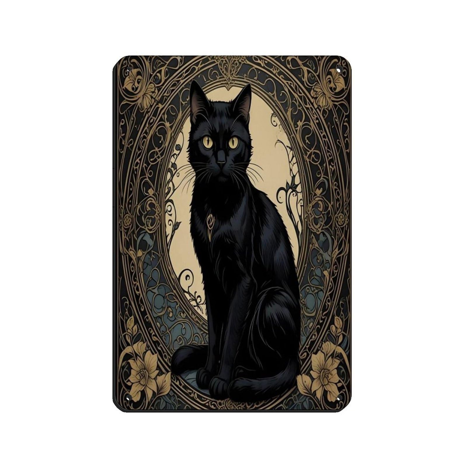 Art Nouveau Black Cat, Goth Dark Art Deco Tin Sign Vintage Metal Pub Club Cafe Bar Home Wall Art Decoration Poster Retro 8x12inch(20x30cm)
