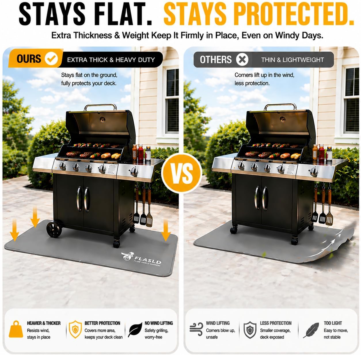 FLASLD Heavy-Duty Under Grill Mat 36x48 Inch, BBQ Grilling Pad Washable Floor Mat to Protect Decks and Patios from Grease Splatter and Grill Heat, Fireproof Fireplace Hearth Mat, Gray