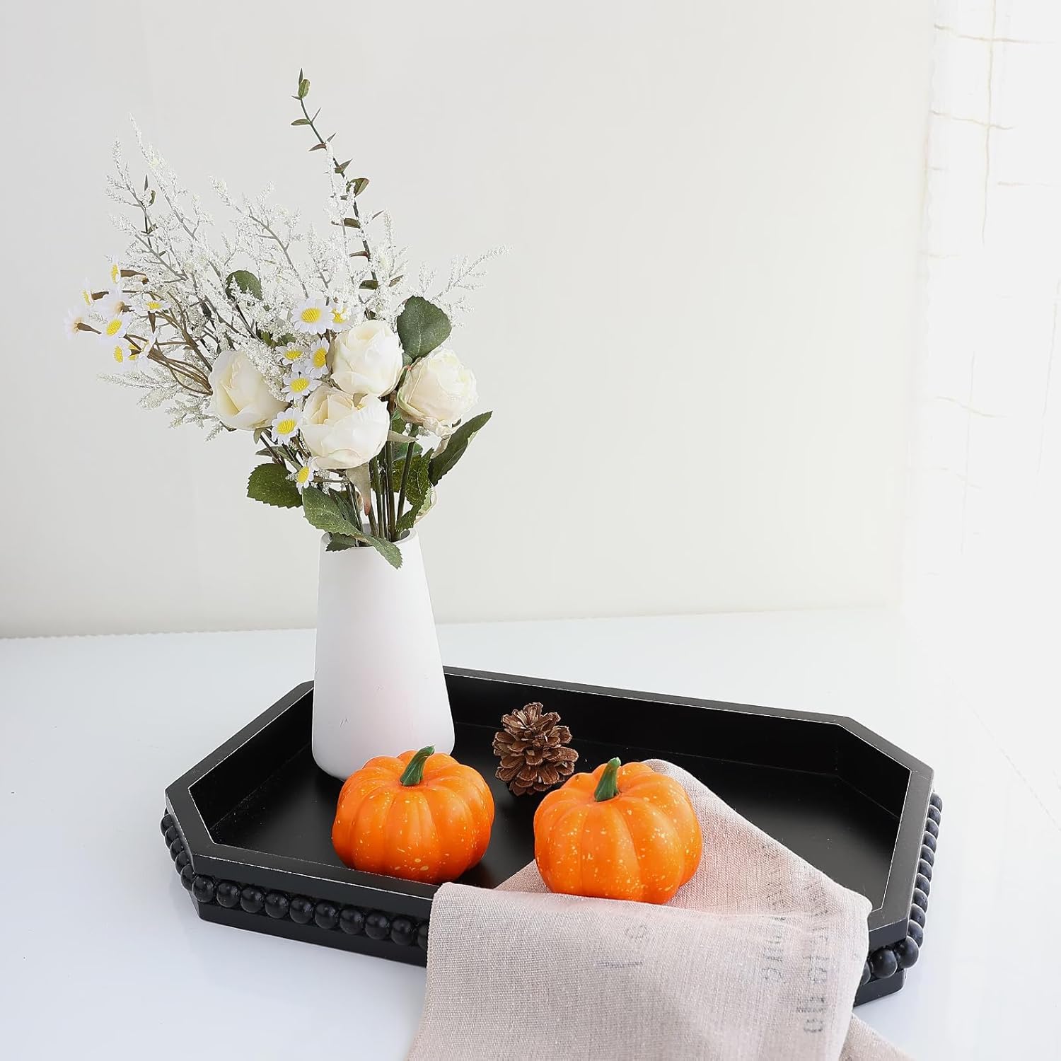 Hrastany Wood Rustic Serving Tray with Beads, Farmhouse Black Decorative Tray for Table Centerpiece, Christmas Wedding Halloween Home Decor