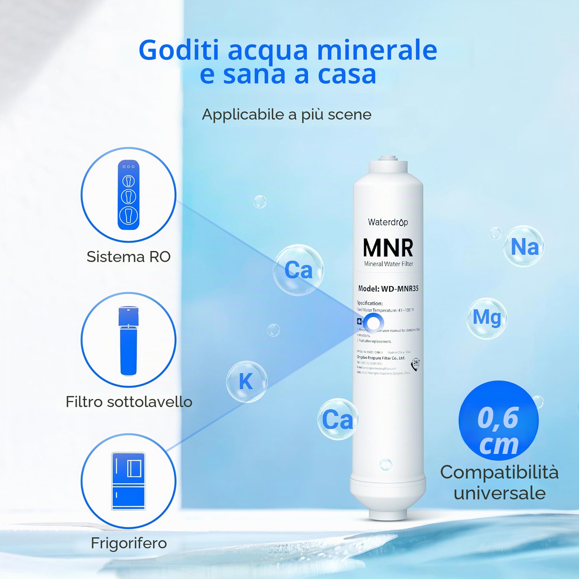 Waterdrop Remineralizzazione Filtro dell'acqua in Linea, 1/4" Quick Connect Post Filter per Sistema di Filtraggio ad Osmosi Inversa RO, Ripristino dei Minerali Essenziali (2)