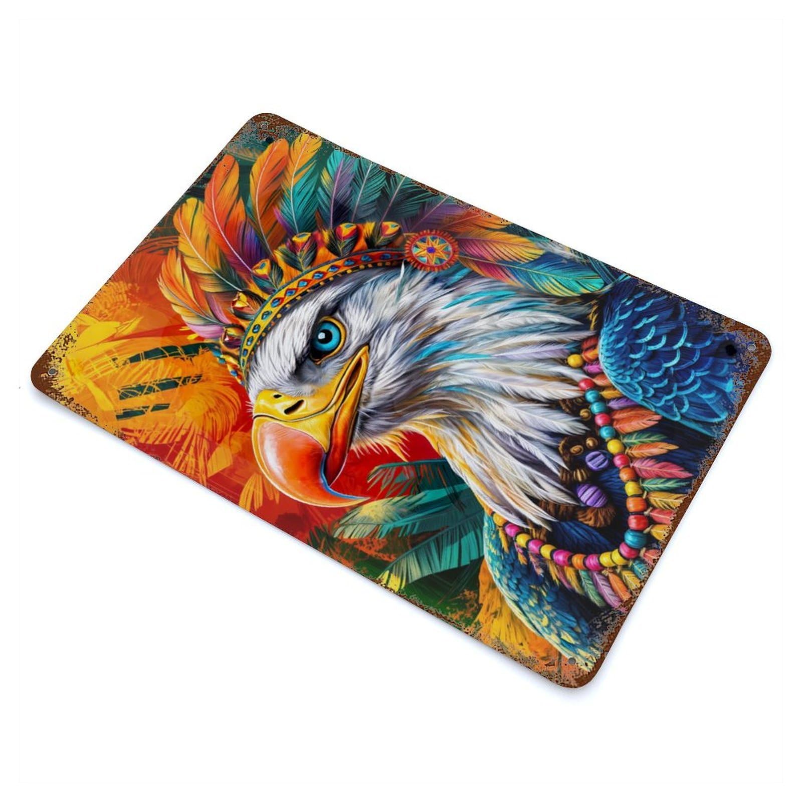 Weathered Tin Sign with Eagle Colorful Painting Design 11.8"x7.9", for Basement, Hobby Room And Garage Decor, Industrial Home Decor