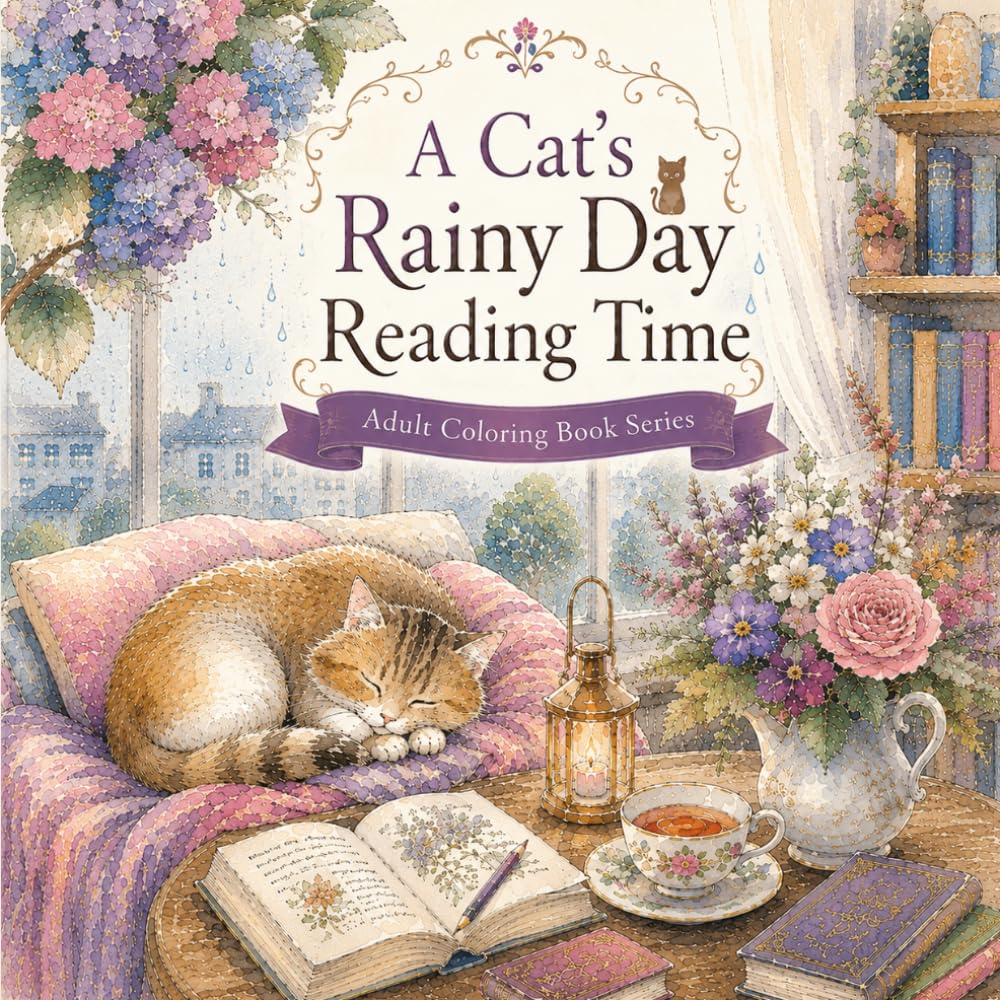 A Cat’s Rainy Day Reading Time: A Cozy and Relaxing Coloring Book for Adults Filled with Cats, Books, and Rainy Day Reading Nooks