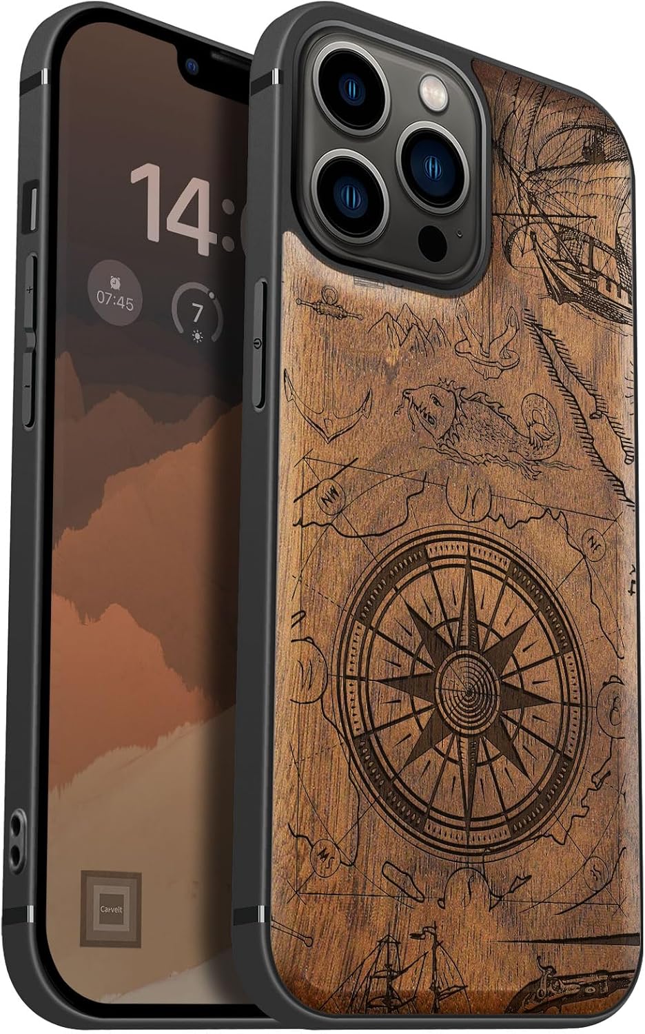 Carveit Magnetic Wood Case for iPhone 13 Pro Max [Natural Wood & Black Soft TPU] Unique Wooden Shockproof Protective Cover Compatible with magsafe (Vintage Pirate Compass -Walnut)