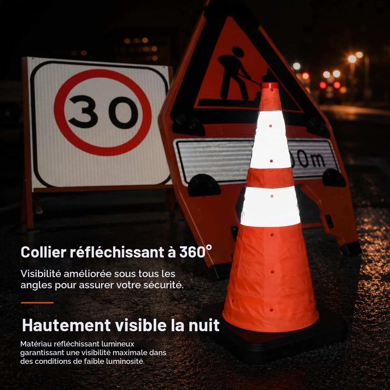 [Lot de 4] ZincOrange Cônes de Signalisation Rétractables 28''/70 cm, Base Lourde, Cônes de Stationnement avec Collier Réfléchissant pour Parkings, Allées, Entraînement Sportif et Conduite