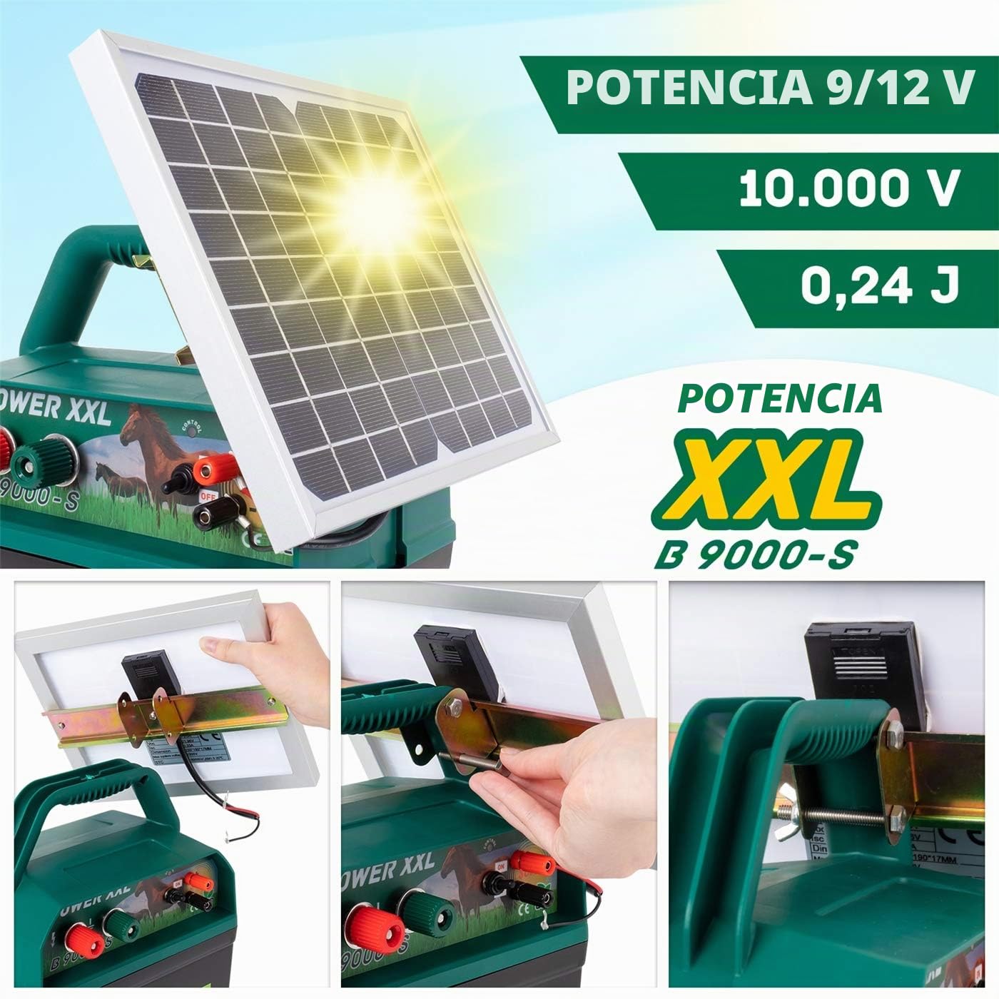 Pastor eléctrico Solar B 9.000-S, Incl. batería de 9 V, Pastor de 9 V/12 V, con Panel Solar de Alta eficiencia, para cercados de Caballos y Ponis
