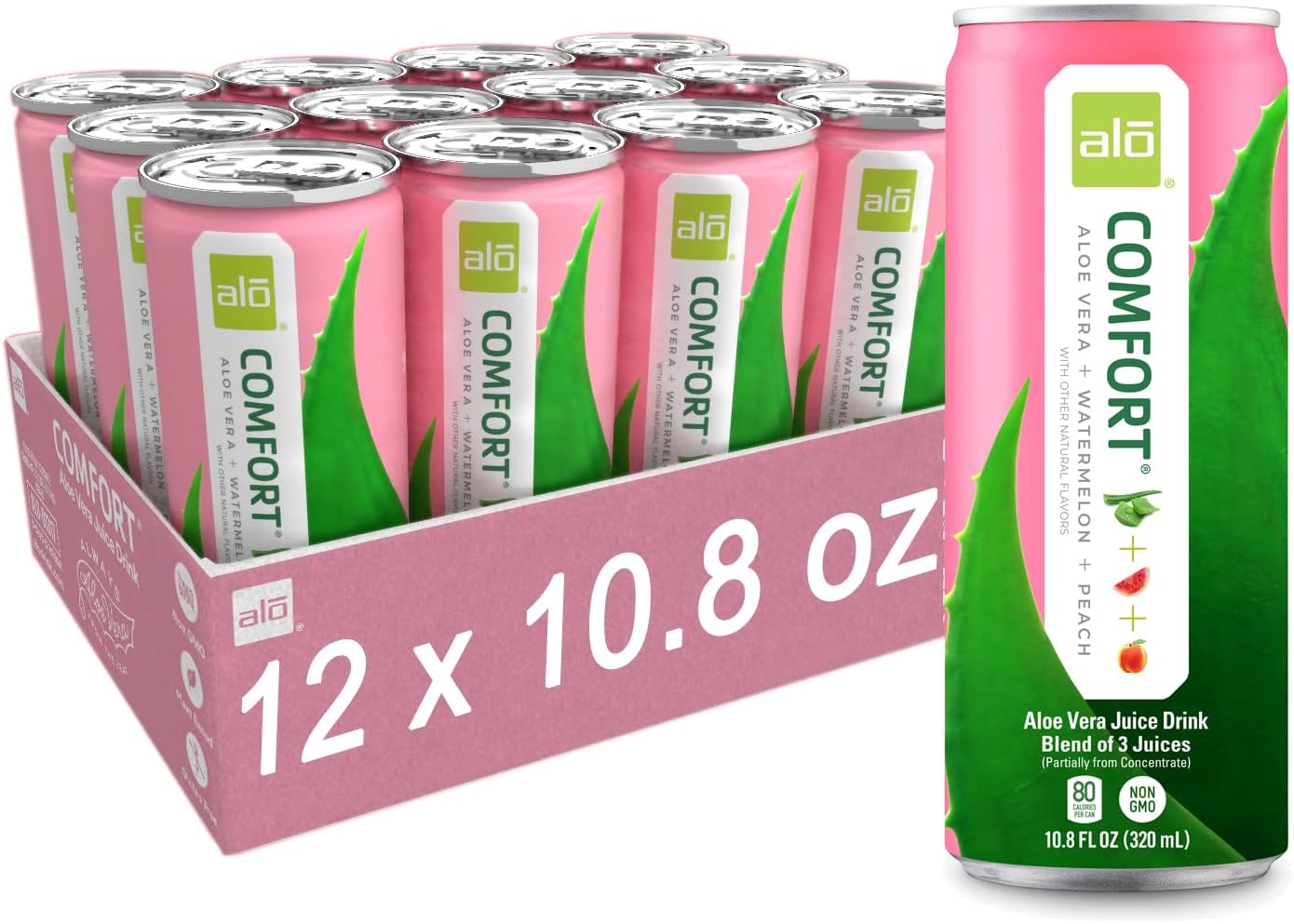 ALO Drink |ALO Comfort Aloe Vera Juice Drink | Watermelon + Peach Flavor | 12 Pack | 10.8 FL OZ (320mL) Cans