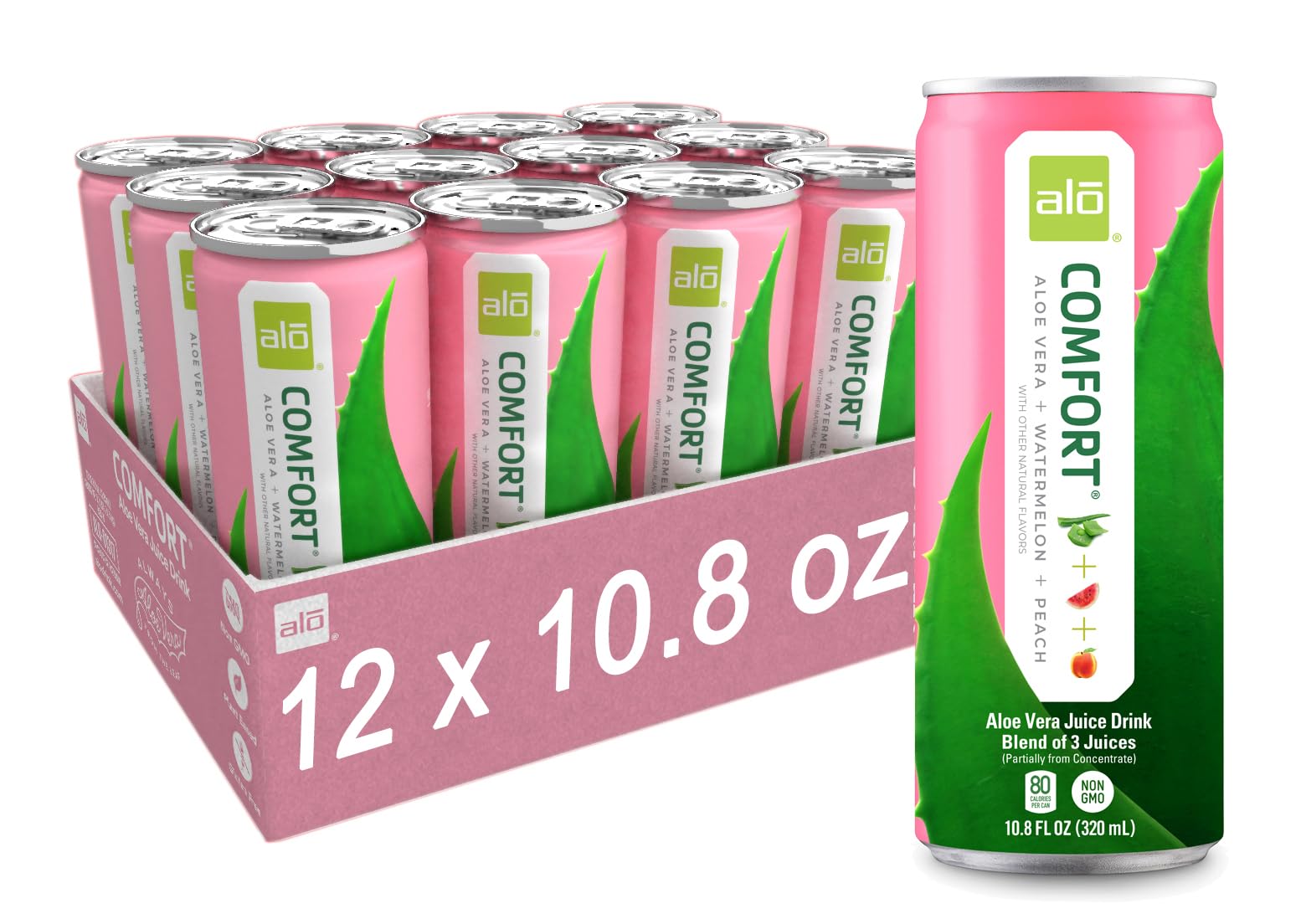 ALO Drink |ALO Comfort Aloe Vera Juice Drink | Watermelon + Peach Flavor | 12 Pack | 10.8 FL OZ (320mL) Cans