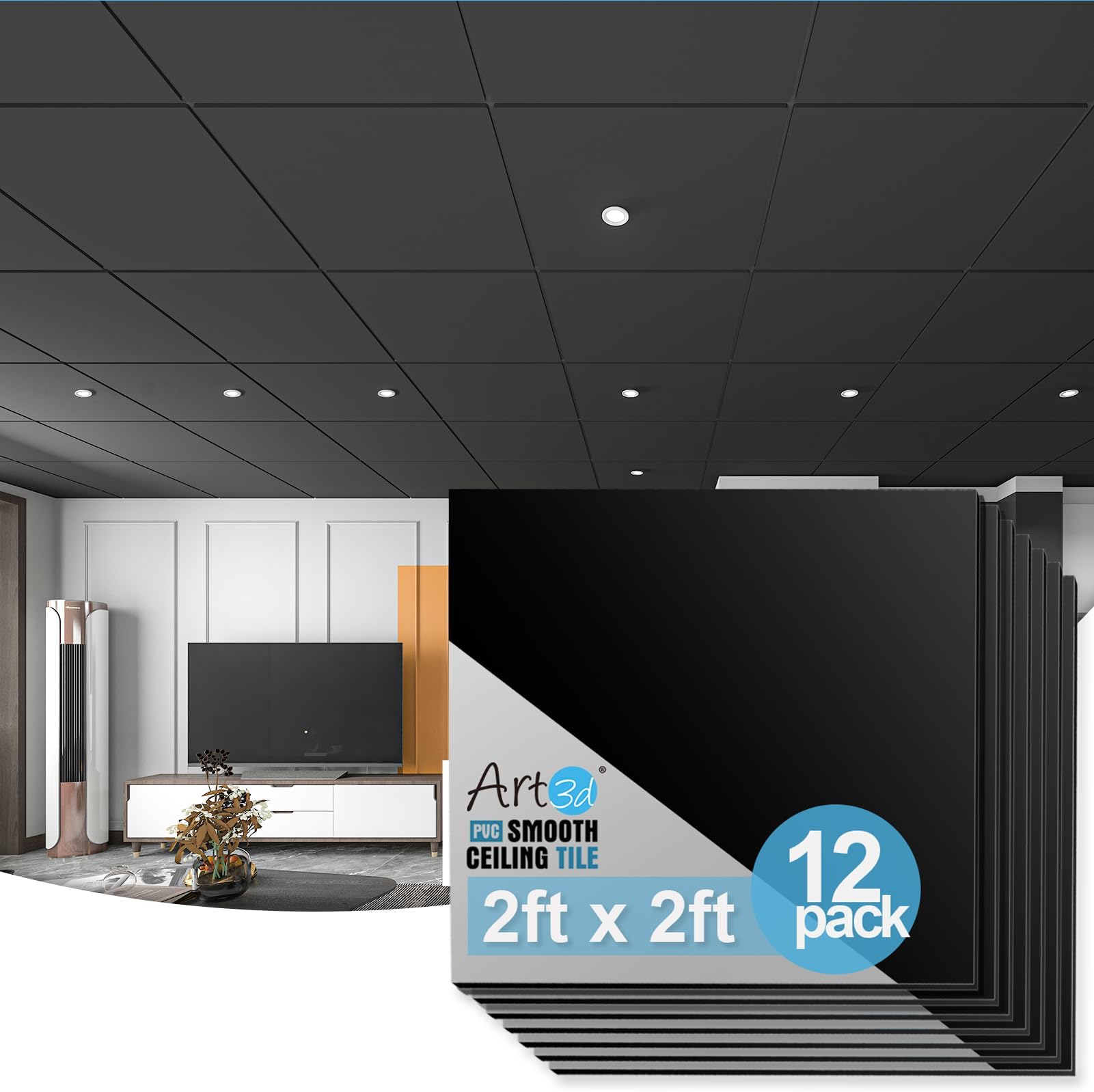 Art3d 12-Pack Smooth Drop Ceiling Tile 60x60 CM - Fire-rated, Waterproof, Reusable - Premium PVC, No Sag and Breakage - Black