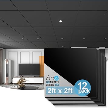 Art3d 12-Pack Smooth 3D Decorative Suspended Drop Ceiling Tiles 2ft x 2ft in Black, PVC Ceiling Panels 24 x 24in.