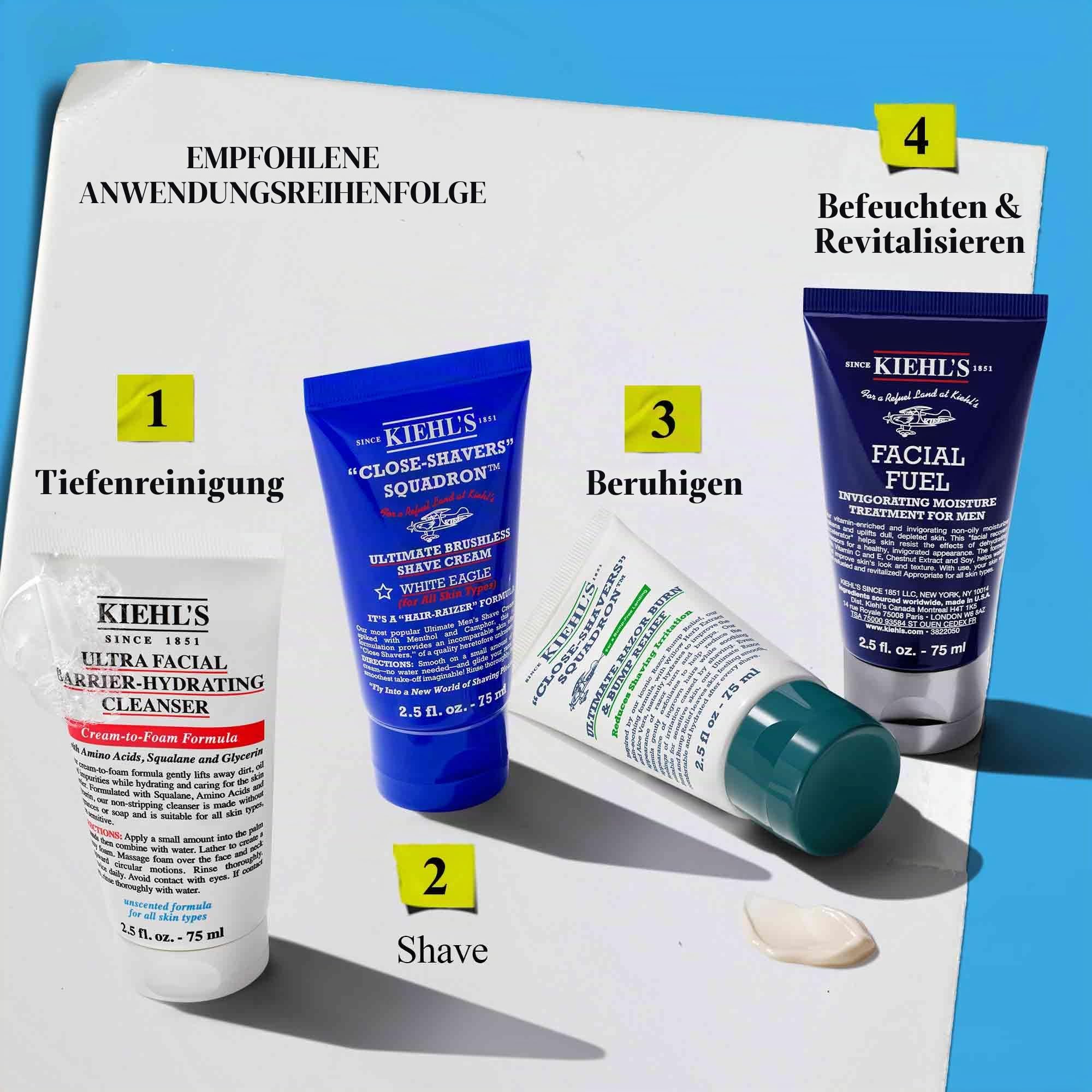 Kiehl's Men’s Grooming Travel Set, Reiseset und Geschenk für Männer, 4-Schritte Pflegeroutine für Reinigung, Rasur & Feuchtigkeit, inkl. Cleanser, Rasiercreme, After-Shave & Gesichtscreme, je 75 ml