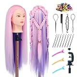 Mannequin Head with Hair, Eumos 29'' Doll Head for Hair Styling Training Head Manikin Practice Cosmetology Doll Head Styling Hairdressing Training Braiding Heads with Clamp Holder (Pink Purple)
