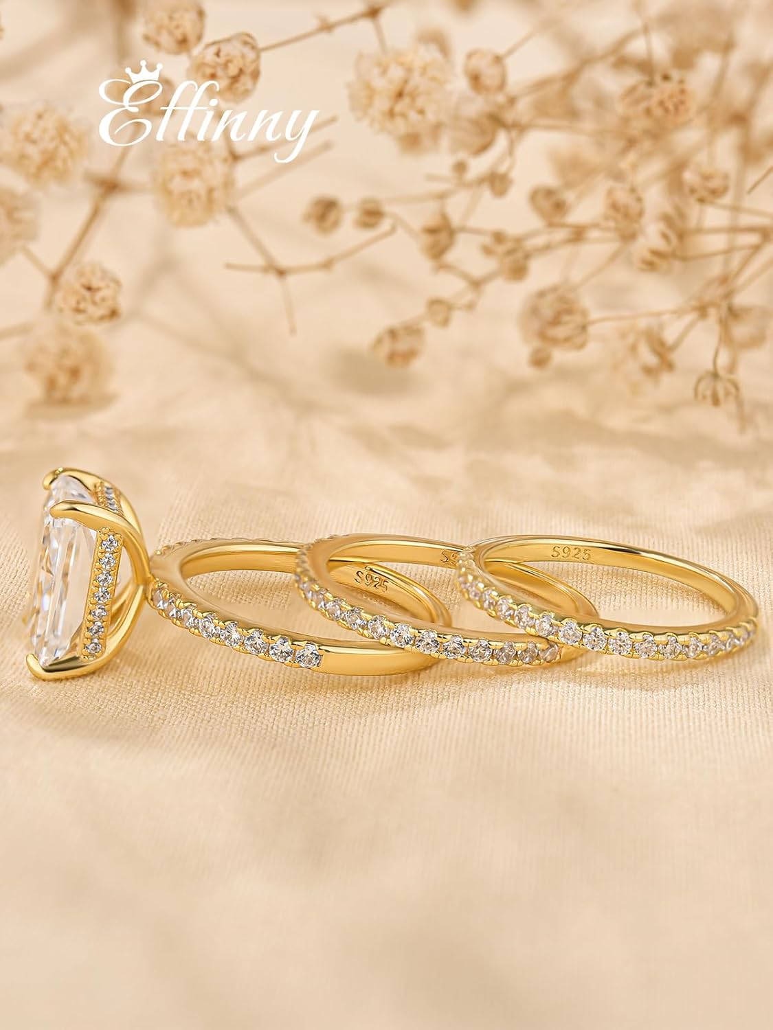 4.0ct Radiant Cut Engagement Ring Set,Rectangle Crushed Ice D Color 14K Gold Plated 925 Sterling Silver Bridal Ring Set with Half Eternity Wedding Band