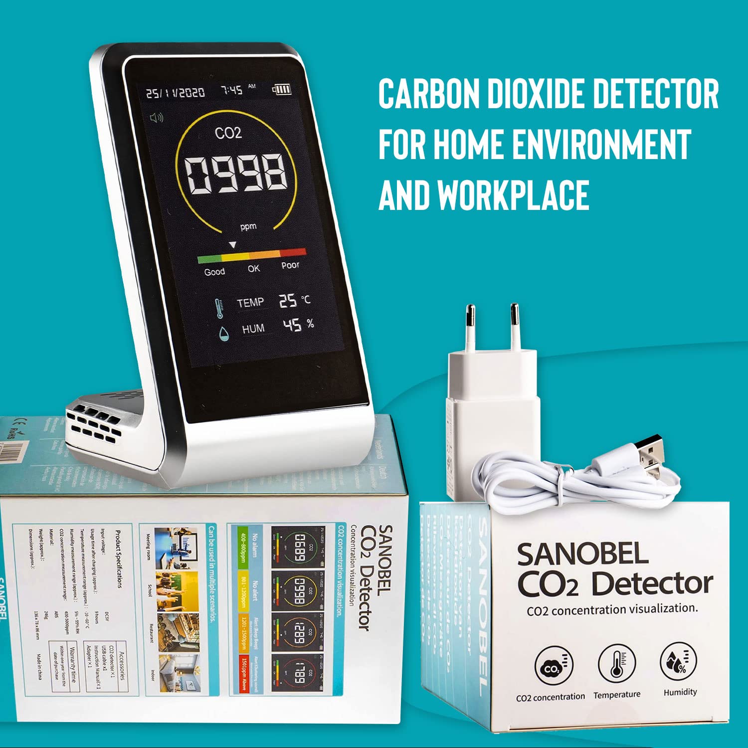 Rilevatore Anidride Carbonica 6 In 1 - Monitor Qualità Aria, Per CO2, CO, PM, HCHO, TVOC, Temperatura, Display LED - Foto 6