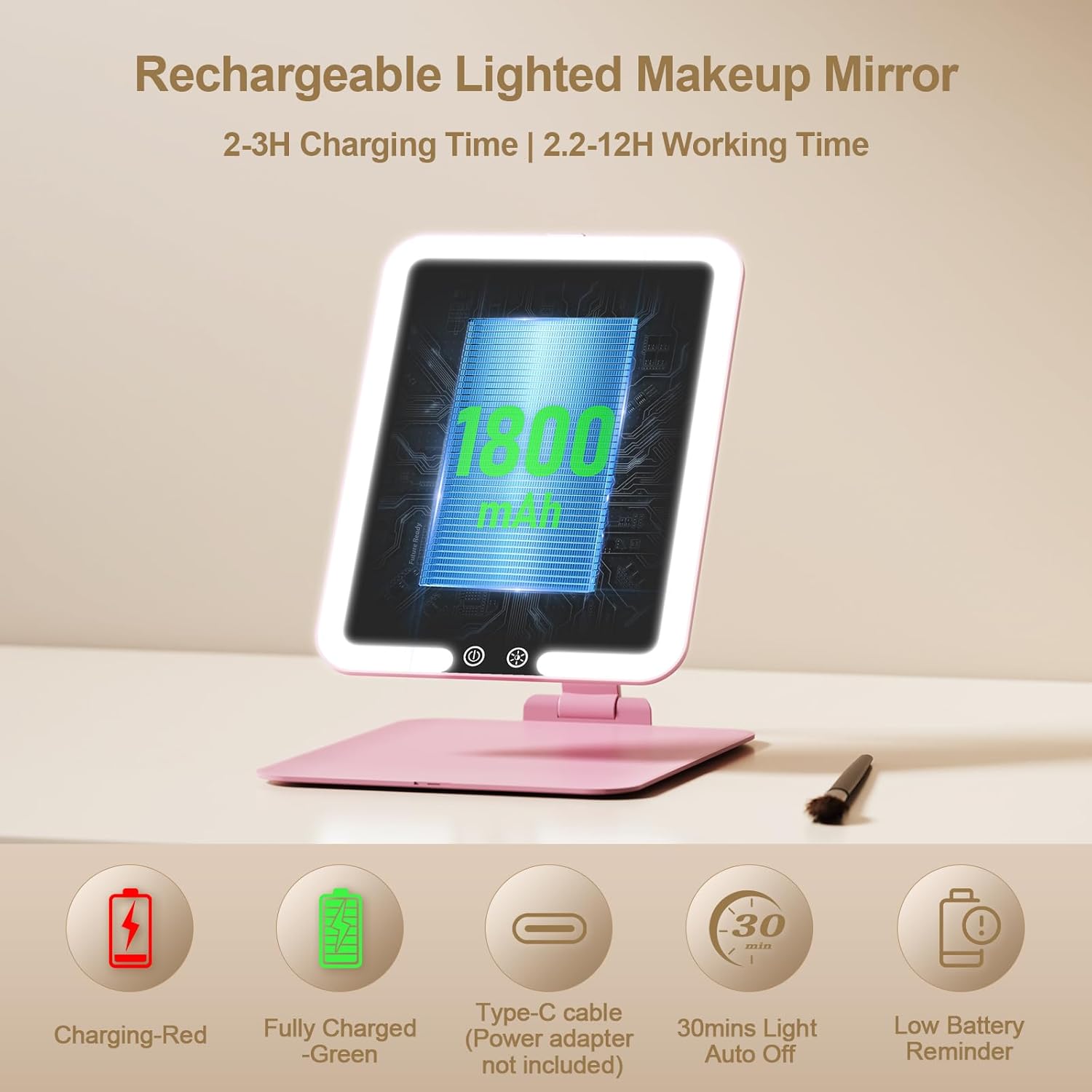 Benbilry Travel Makeup Mirror with Light, 15X Magnifying Mirror & 3 Color Modes, 1800mAh Rechargeable, Adjustable Height/Angle Stand, Foldable LED Vanity Mirror for Tabletop (Pink)