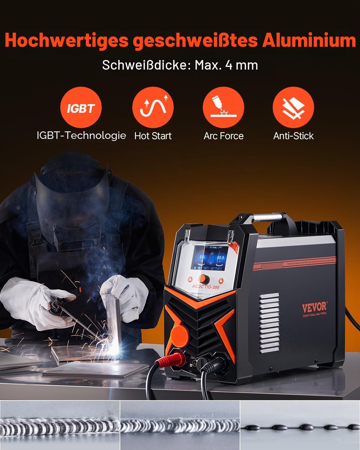 VEVOR WIG-Schweißgerät, 200 A 6-in-1-Aluminium-Schweißgerät (LED-Anzeige) – AC WIG/DC WIG/AC Pulse WIG/DC Pulse WIG/Spot WIG/MMA (Stick), elektrisches Schweißgerät mit synergetischer Steuerung IGBT