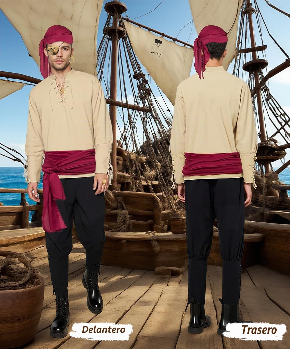 Disfraz Pirata Hombre, Disfraz Medieval Renacentista con Bandana Accesorios | Disfraces Carnaval Hombre, Regalo para Adultos, Disfraces de Pirata para Carnaval, Fiesta, Halloween y Cosplay